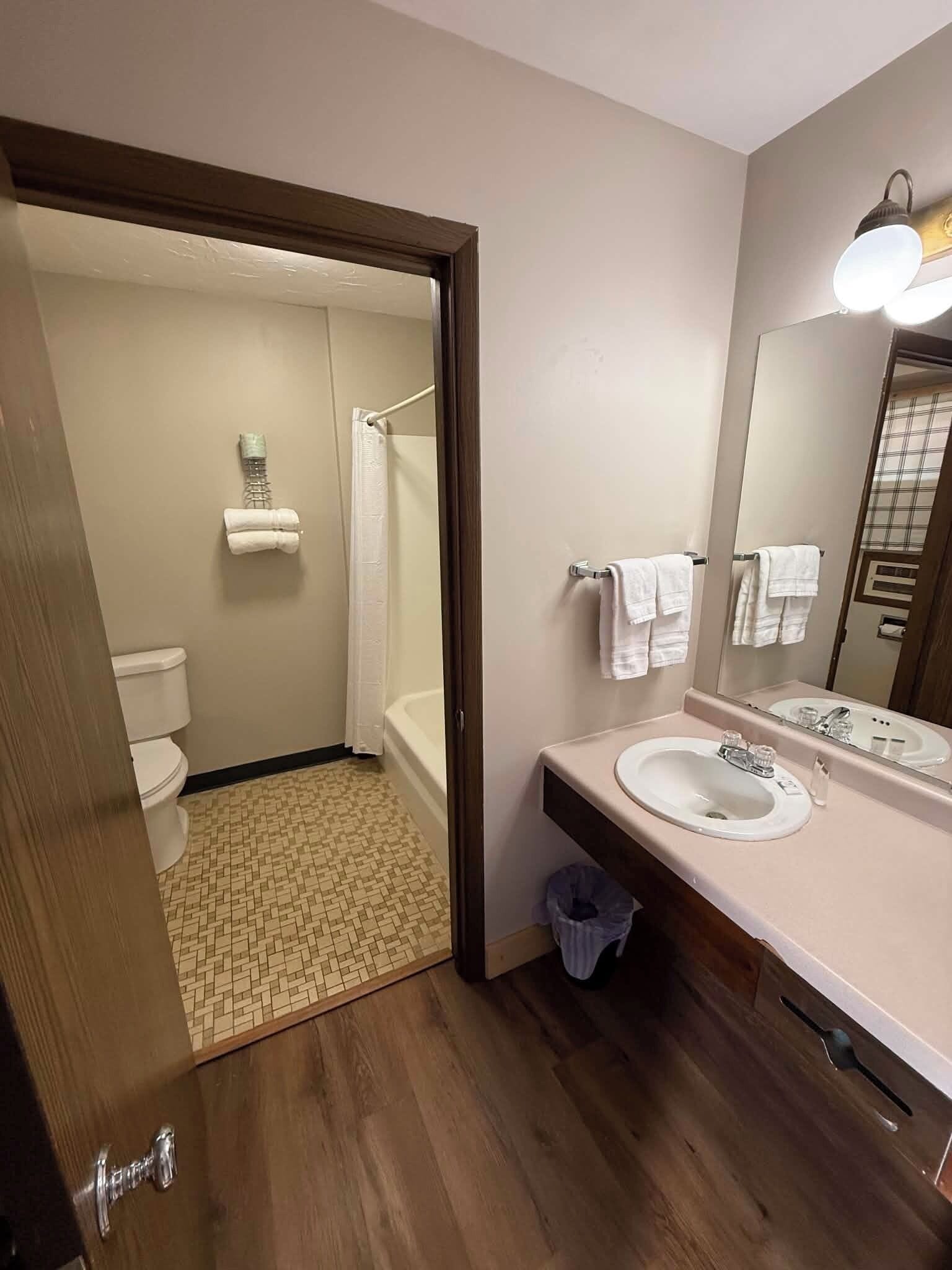 Baño con inodoro, ducha, lavamanos y espejo.