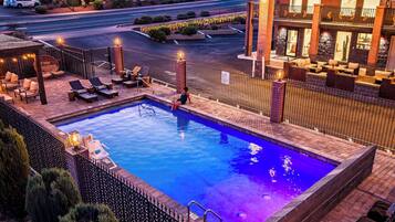 Outdoor pool, open 7:30 AM to 10 PM, pool loungers