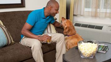 Een bureau, verduisterende gordijnen, een strijkplank/strijkijzer