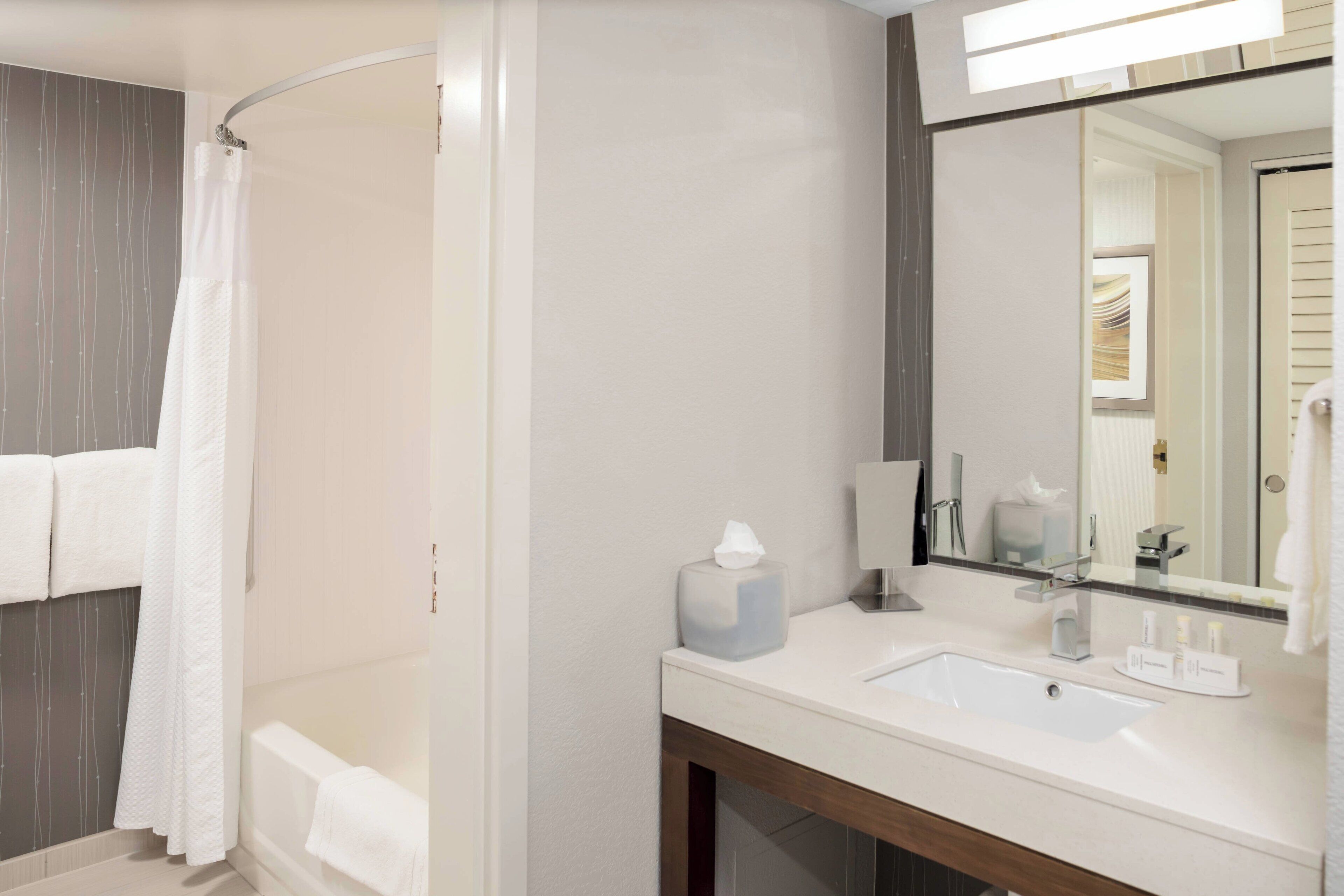 combined shower/bathtub, free toiletries, hair dryer, towels