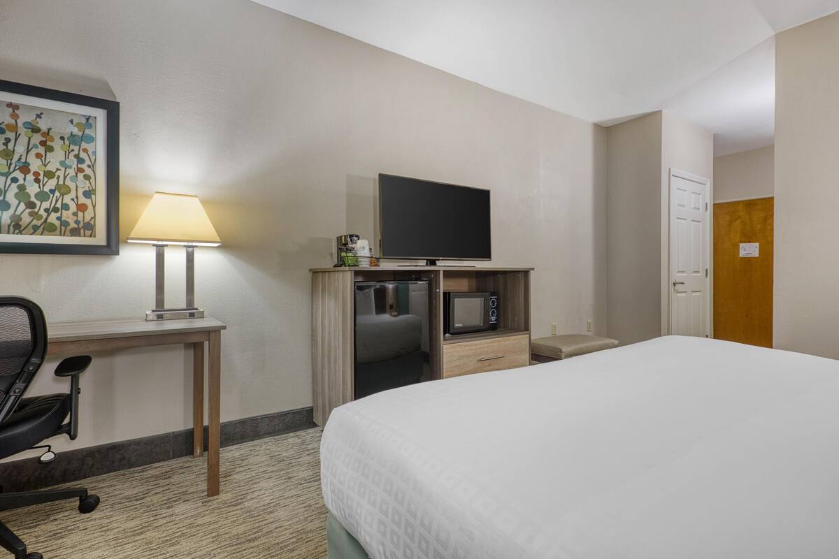 A hotel room with a bed, a desk with a lamp, a television, and a microwave.
