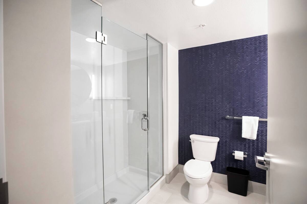A modern bathroom with a glass shower enclosure, a white toilet, and a dark patterned wall.