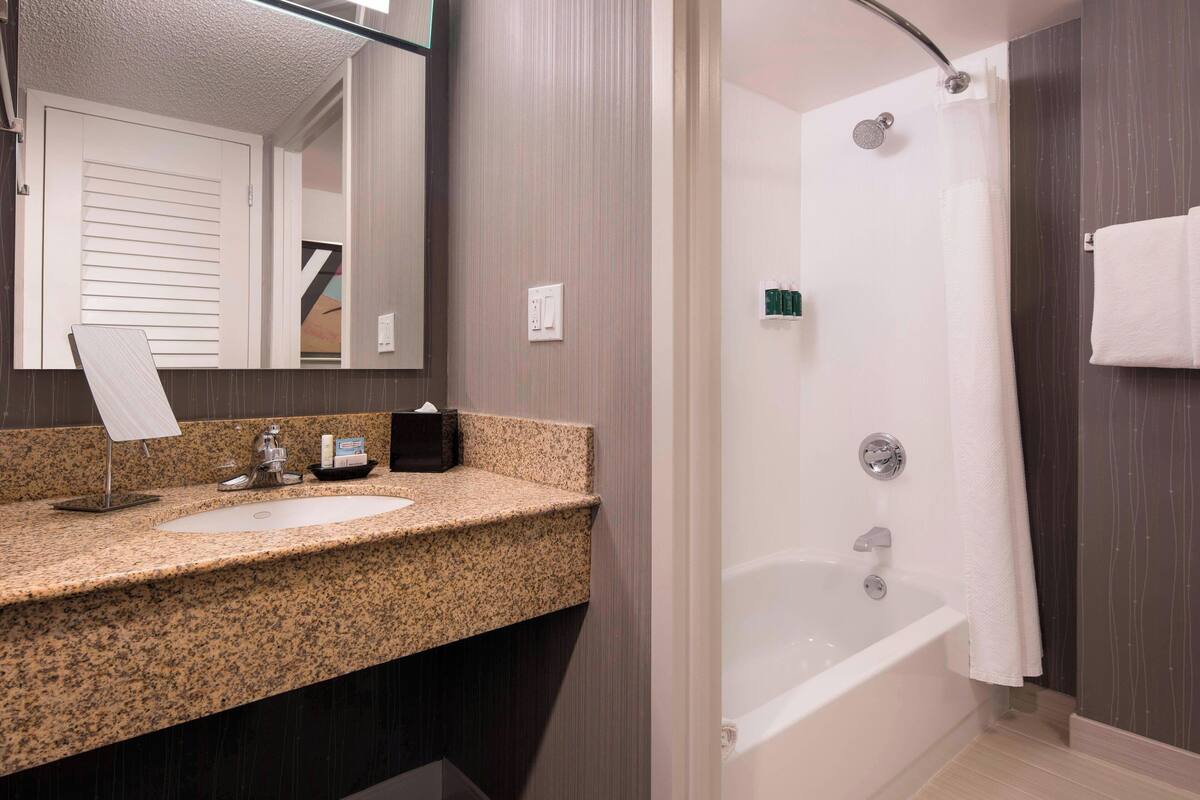 combined shower/bathtub, designer toiletries, hair dryer, towels