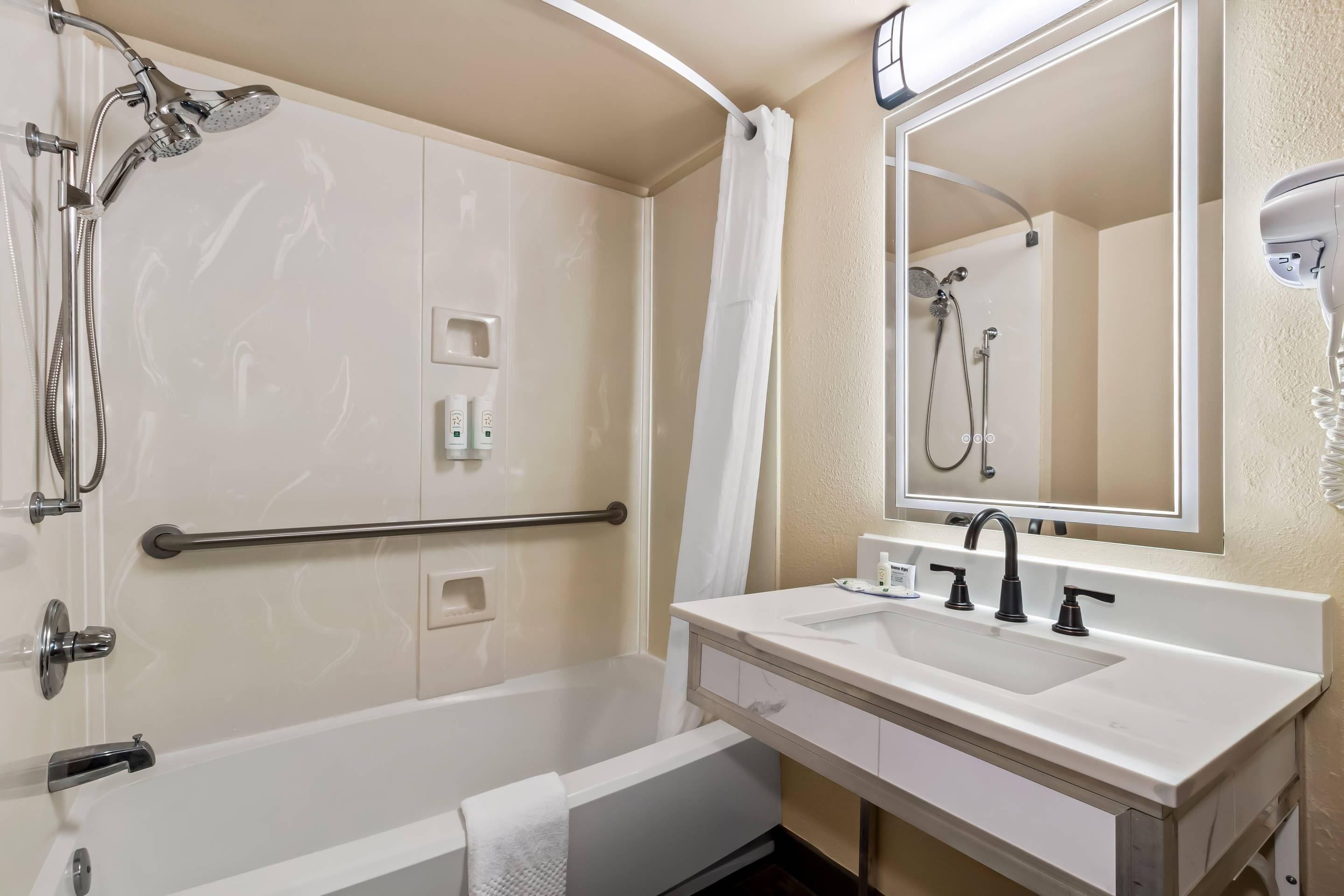 A modern bathroom with a bathtub, a shower, a vanity with a sink, and a large mirror.