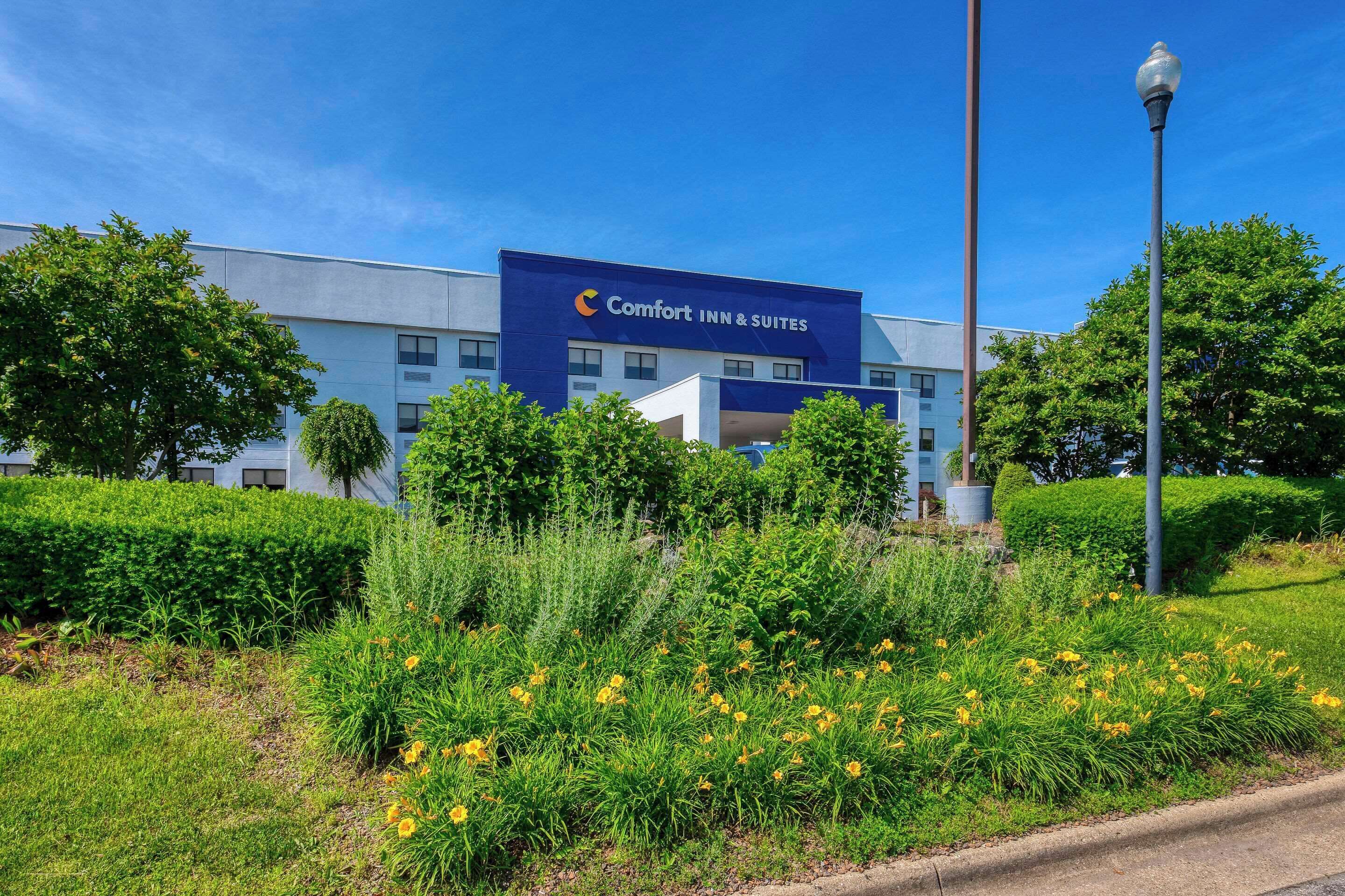 En Comfort Inn & Suites bygning med et moderne design, omgivet af velholdt beplantning og en klar, blå himmel.