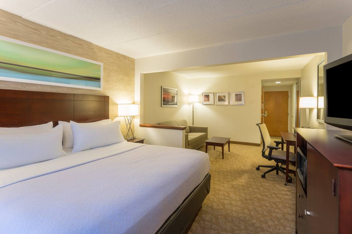 Une chambre d’hôtel avec un grand lit, un bureau, une chaise, une télévision et un tableau au mur.