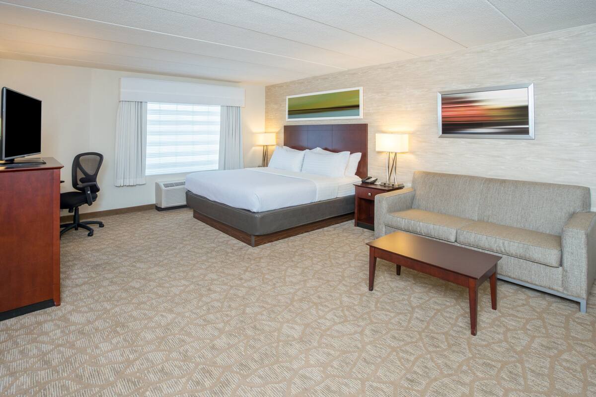 Une chambre d’hôtel avec un lit, un canapé, un bureau avec un ordinateur et une télévision.