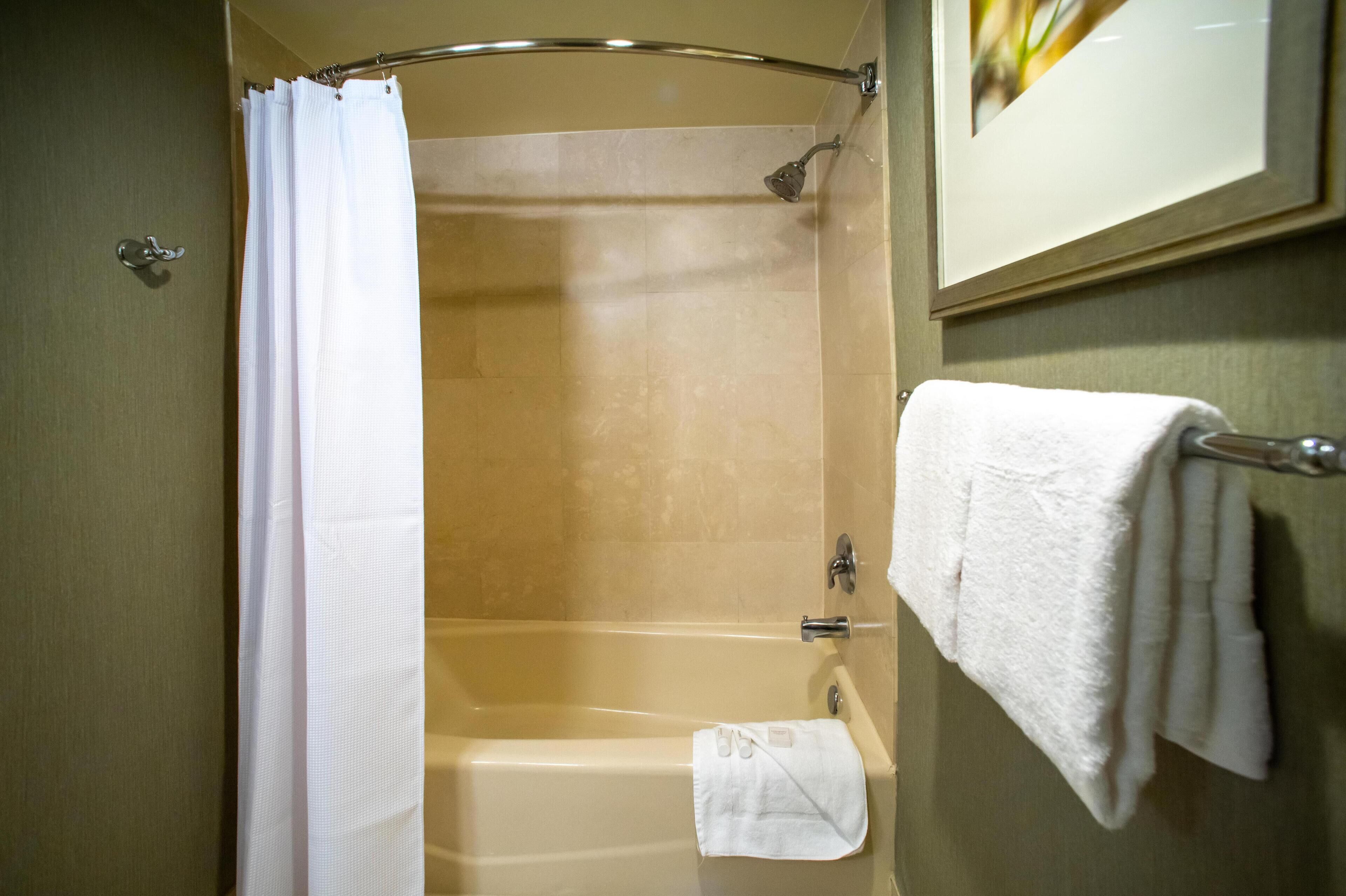 Un baño con una bañera, cortina de ducha, toallero con una toalla y un cuadro en la pared.