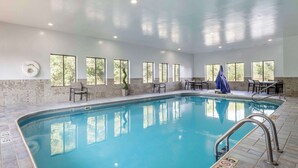 An indoor swimming pool with clear water, surrounded by windows and seating areas.