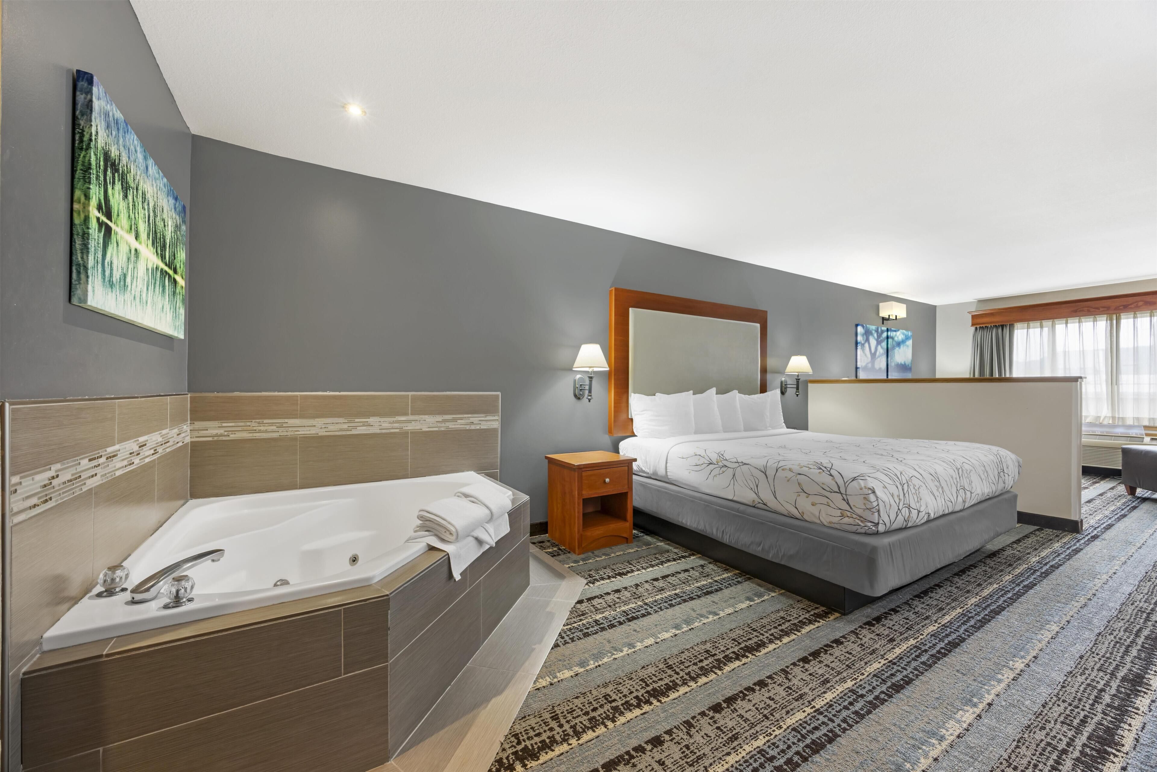 Una habitación de hotel moderna con una cama grande, un baño independiente con bañera y un ventanal que proporciona luz natural.