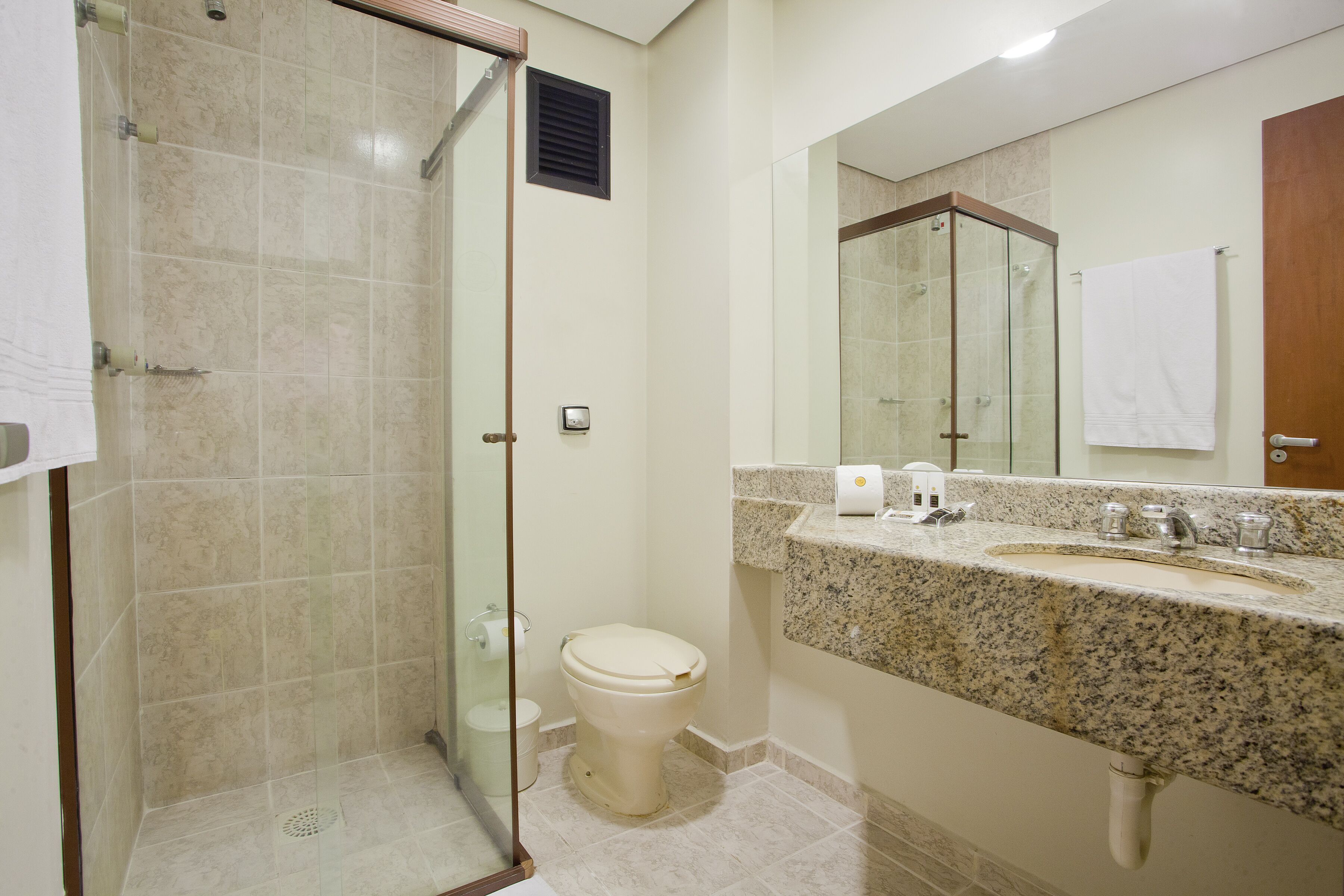 shower, free toiletries, hair dryer, towels