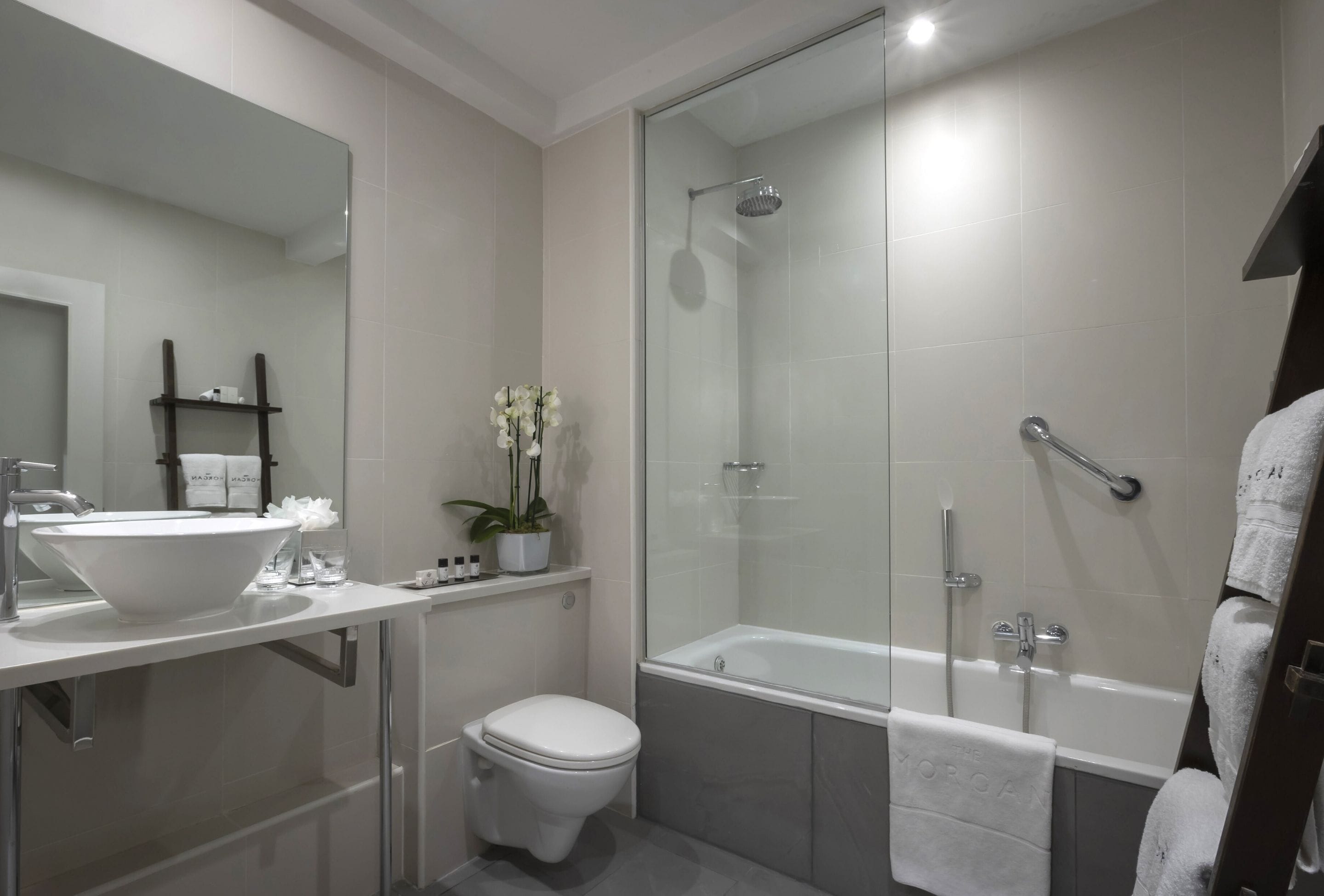 Un baño moderno con ducha de vidrio, un lavamanos blanco y un inodoro.