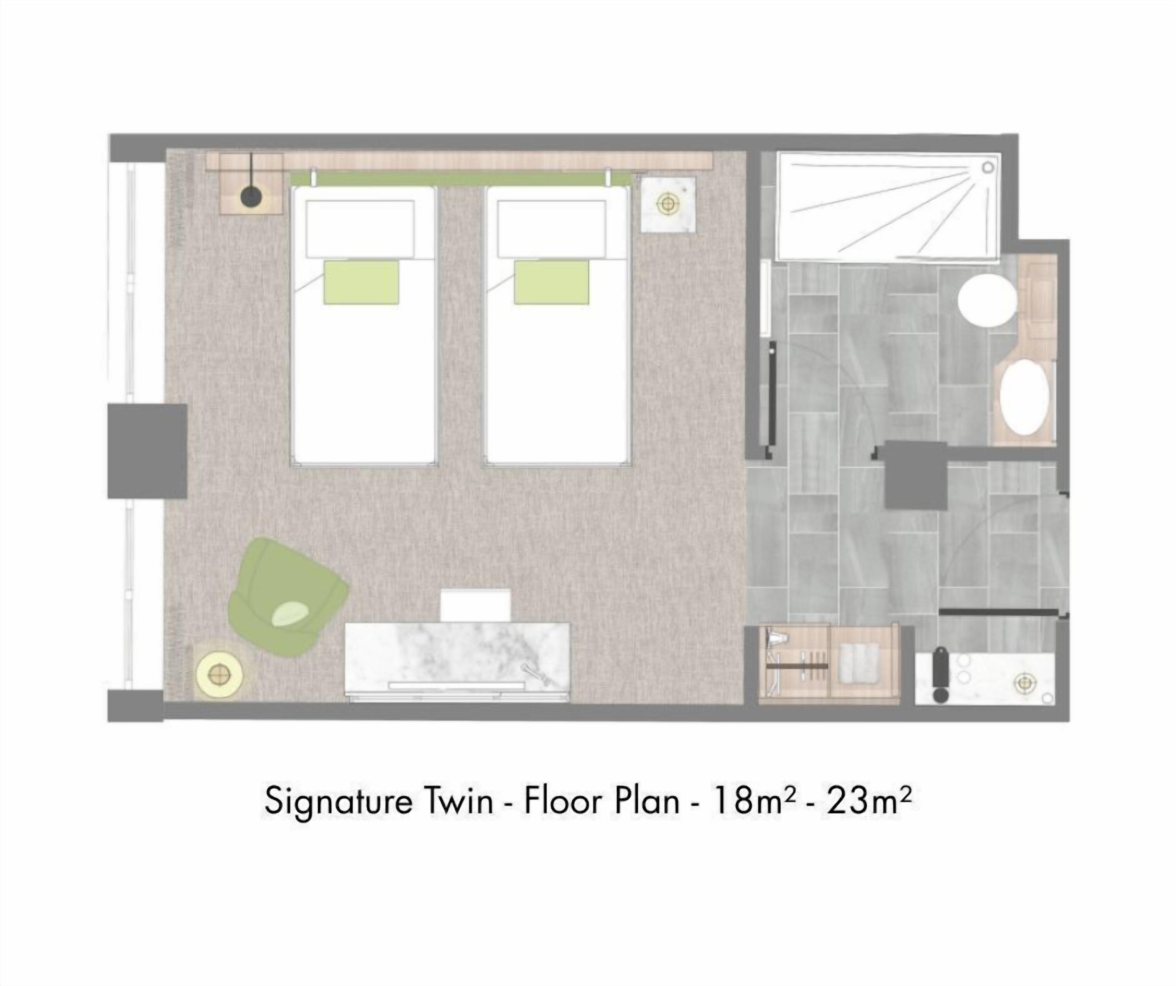A floor plan of a Signature Twin room with two beds, a small seating area, a bathroom, and a shower area.