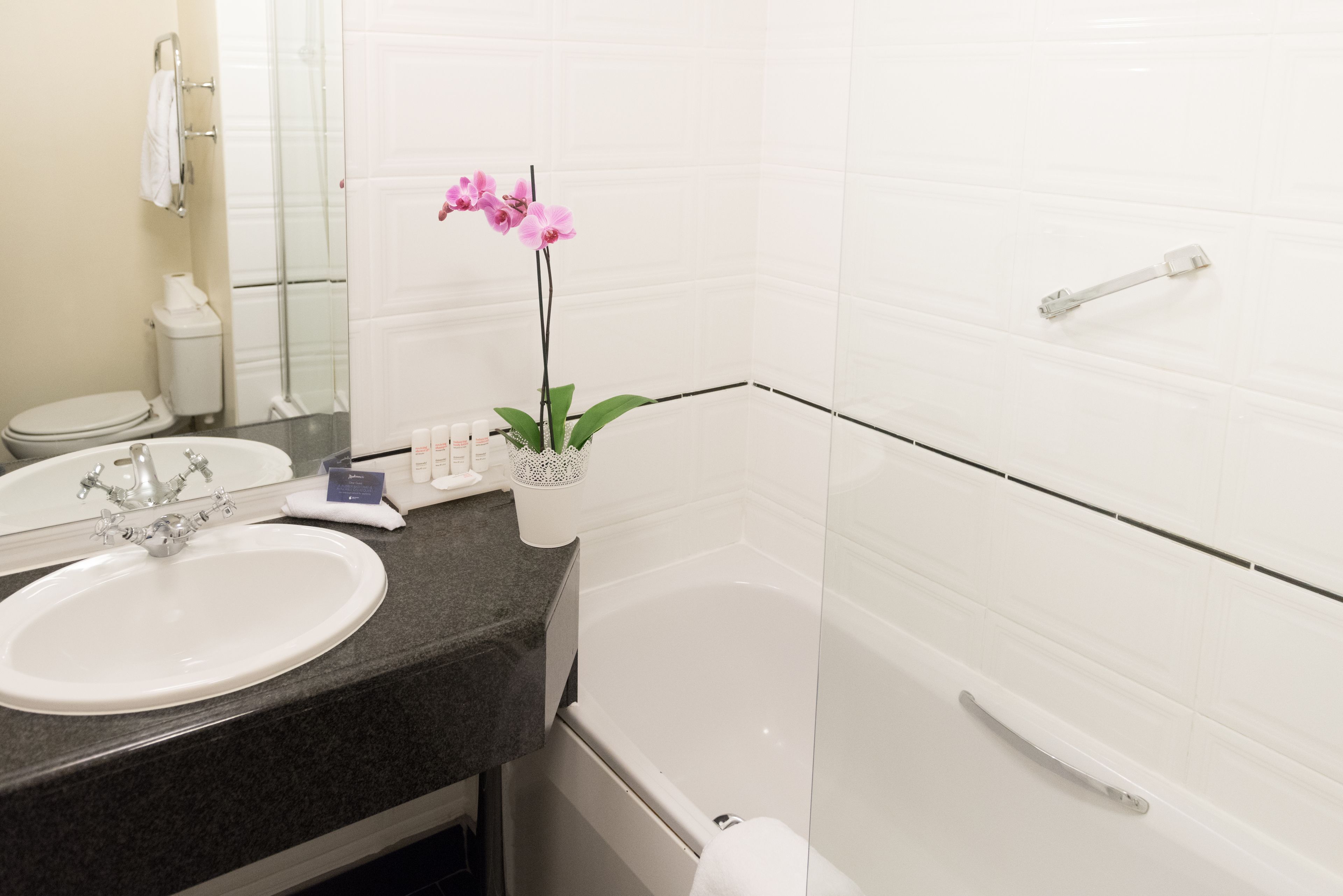 designer toiletries, hair dryer, towels, soap