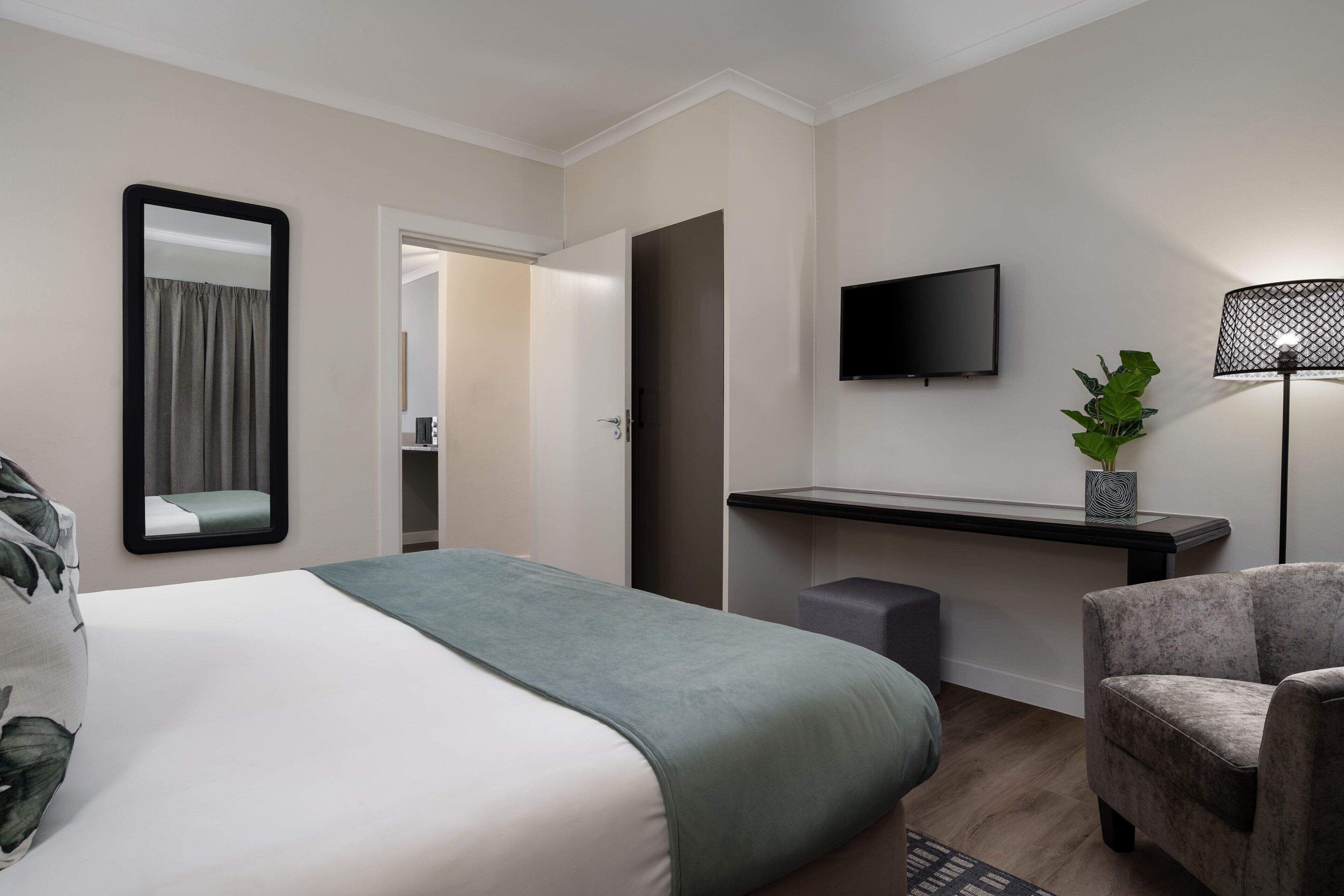 A hotel room with a bed, a desk, a chair, a TV, and a plant.