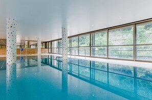 Indoor pool, open 9:00 AM to 9:00 PM, sun loungers