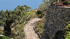 A stone pathway leading to a stone wall with a wooden railing, surrounded by greenery and overlooking a coastal view.