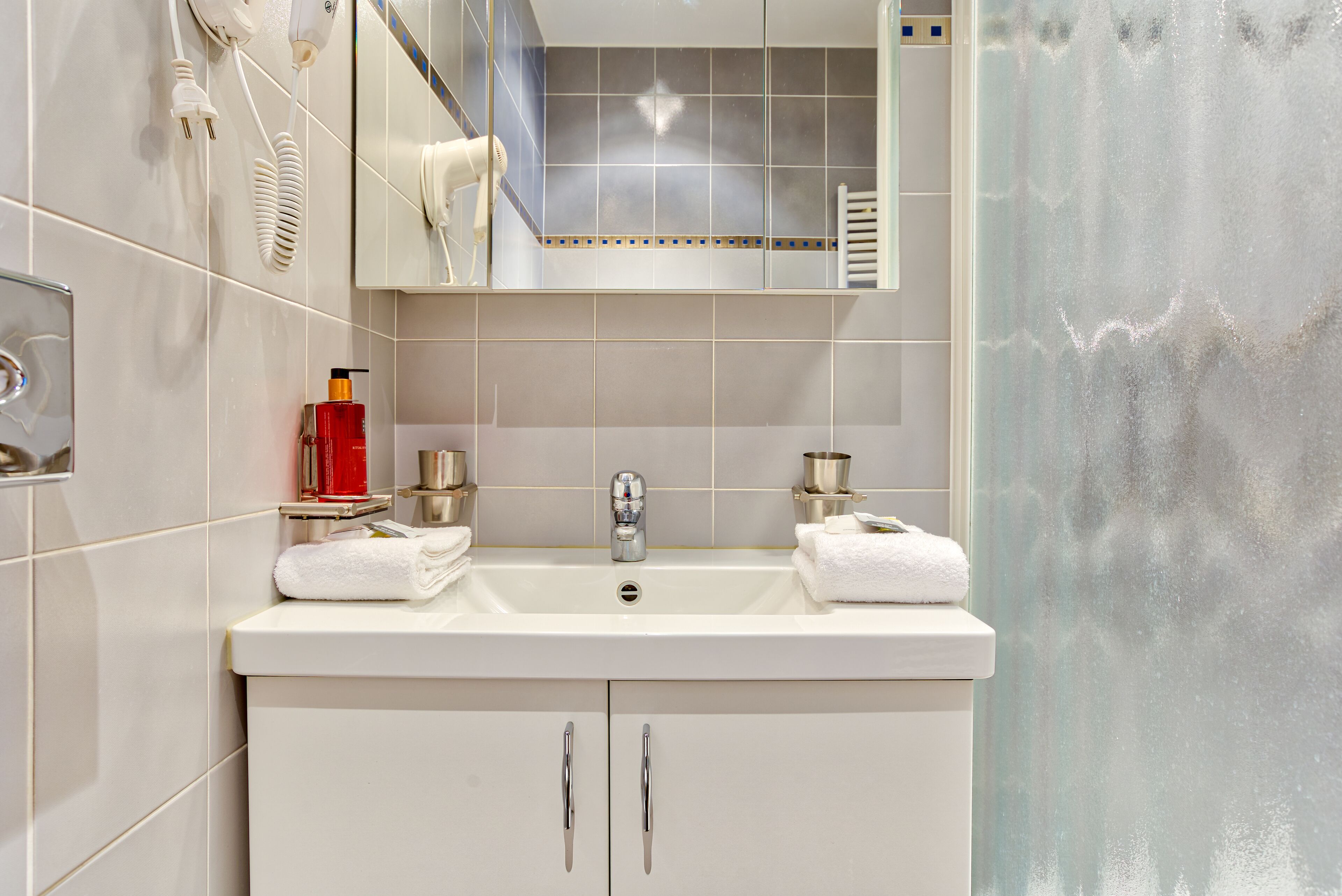 free toiletries, hair dryer, towels