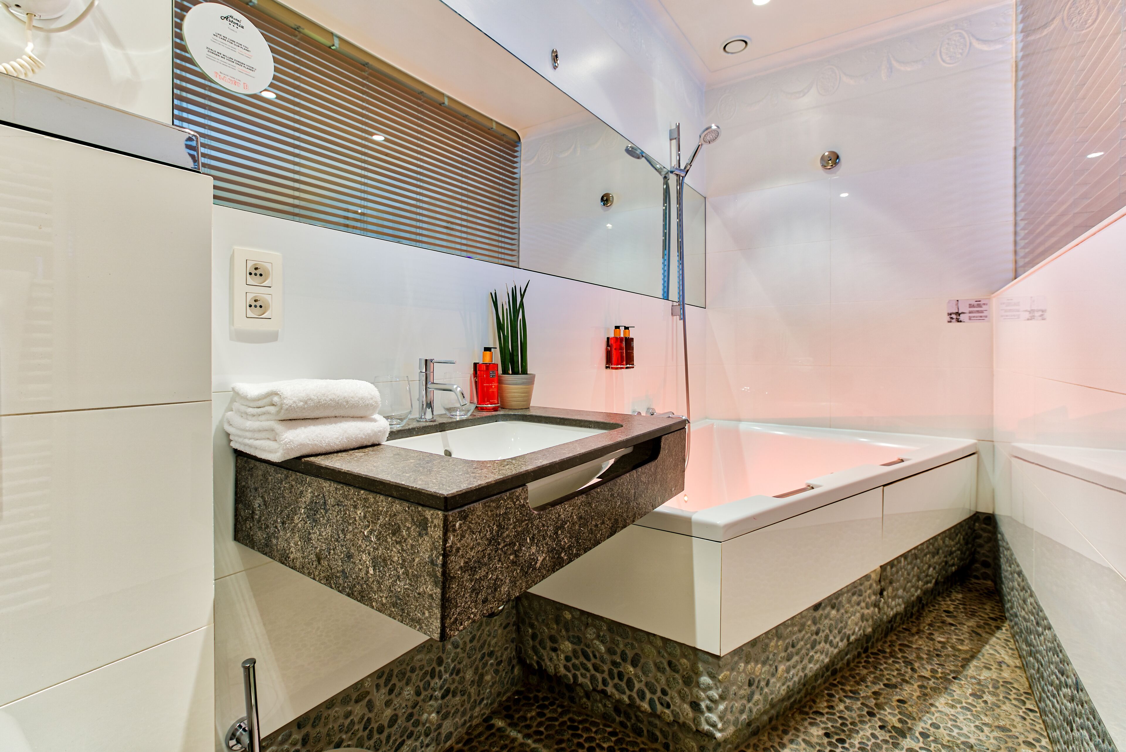 free toiletries, hair dryer, towels