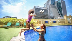 Outdoor pool, open 6:00 AM to 8:00 PM, sun loungers