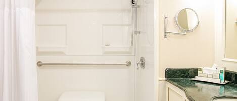 A bathroom with a walk-in shower, a toilet, and a sink with a mirror.