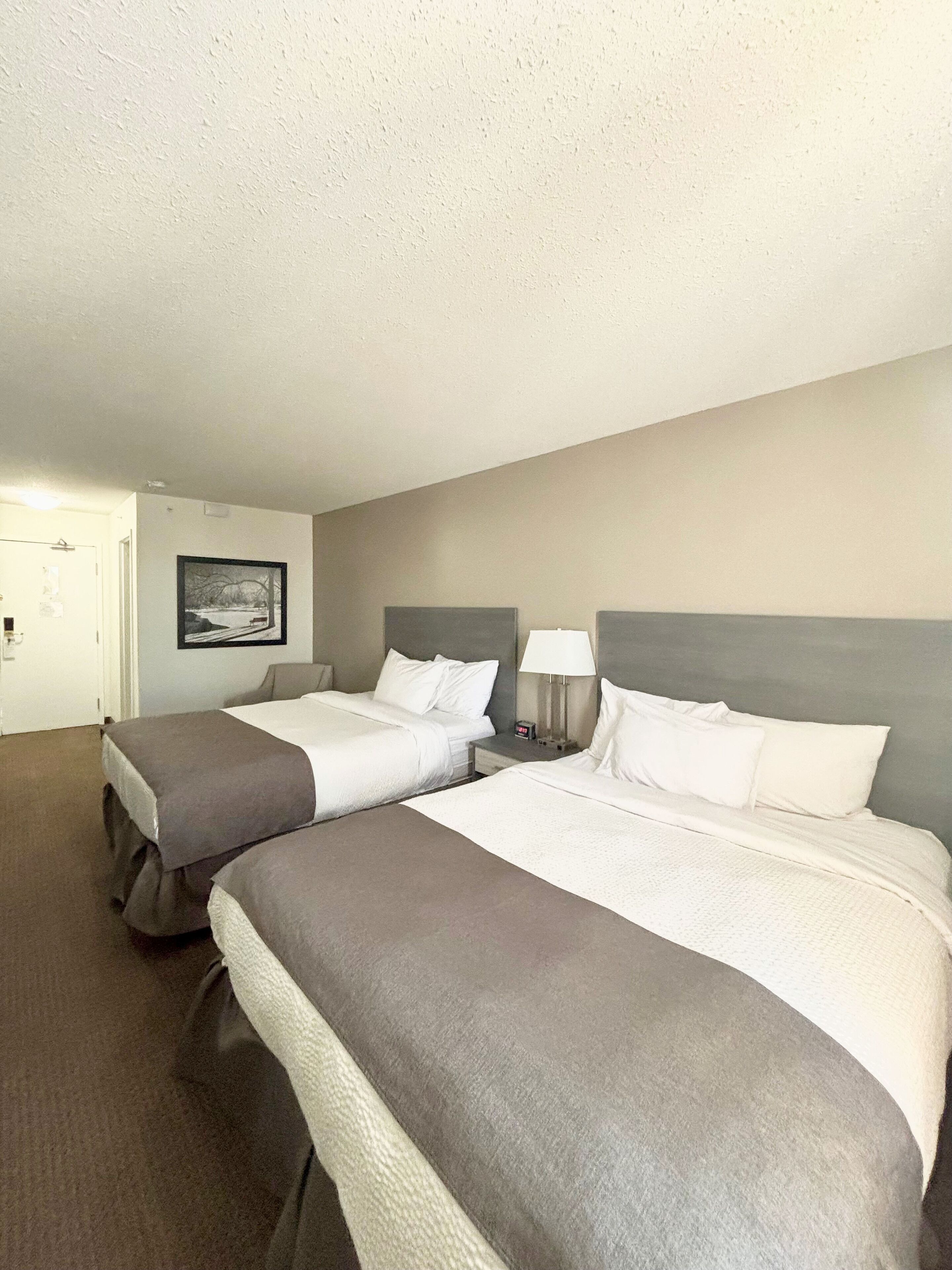 A hotel room with two beds, a nightstand with a lamp, a framed picture on the wall, and a door.