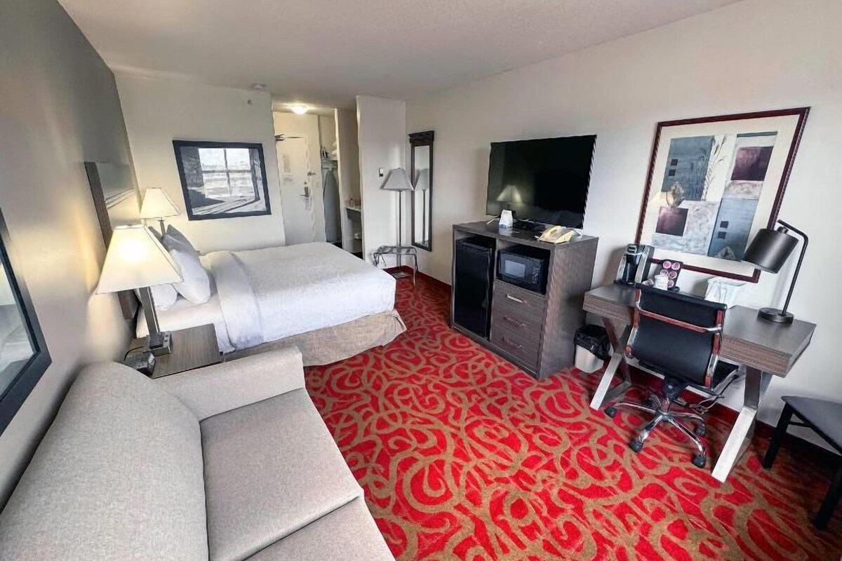 Une chambre d’hôtel avec un lit, un bureau, une télévision et une moquette rouge.