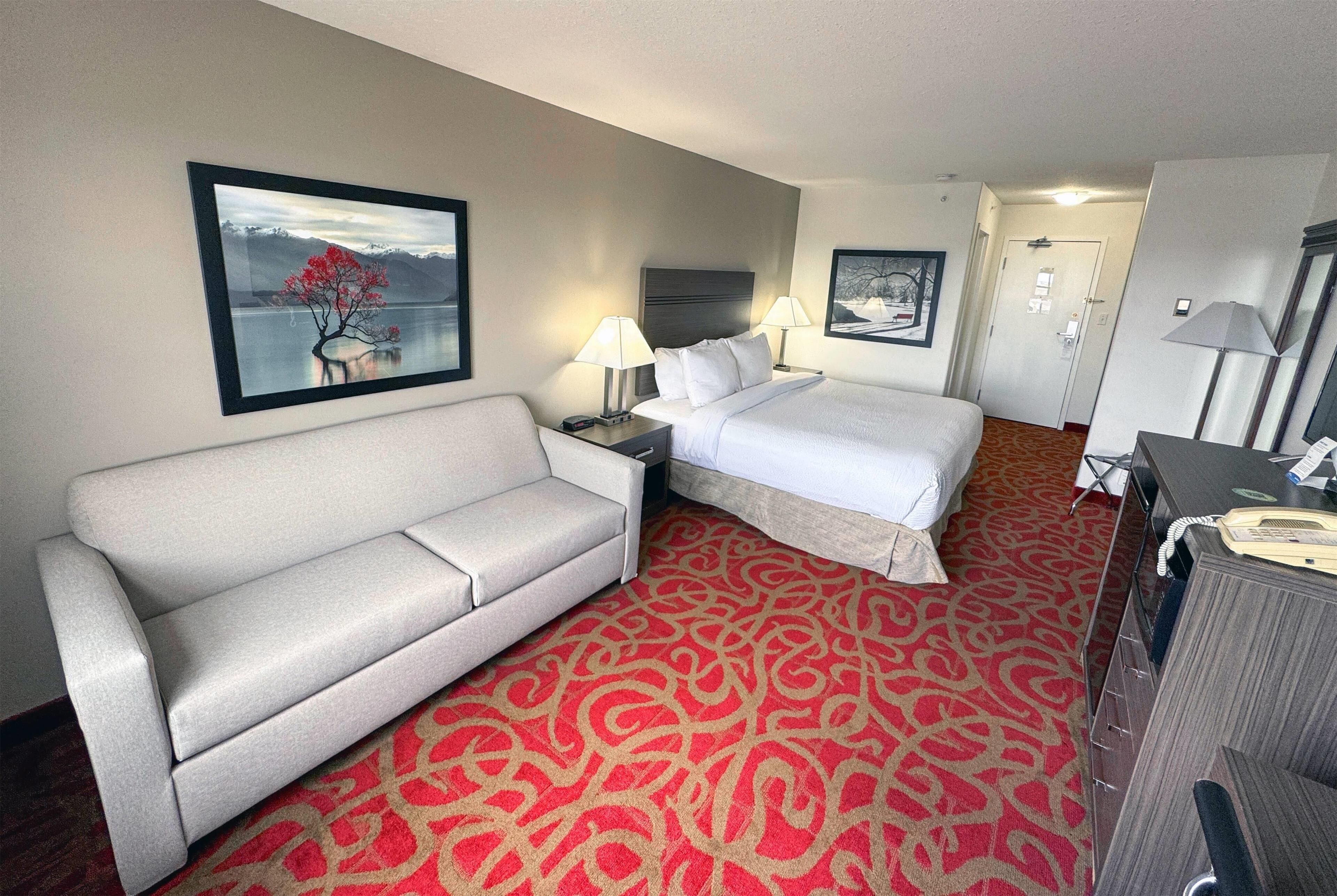 A hotel room with a bed, a sofa, a desk, and a chair.