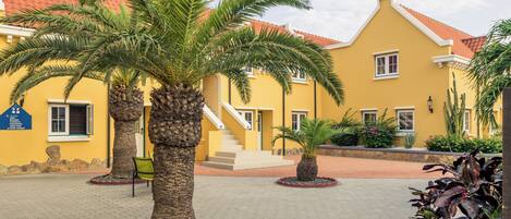 A courtyard with palm trees, a yellow building with red tiles, and a staircase leading to a door.