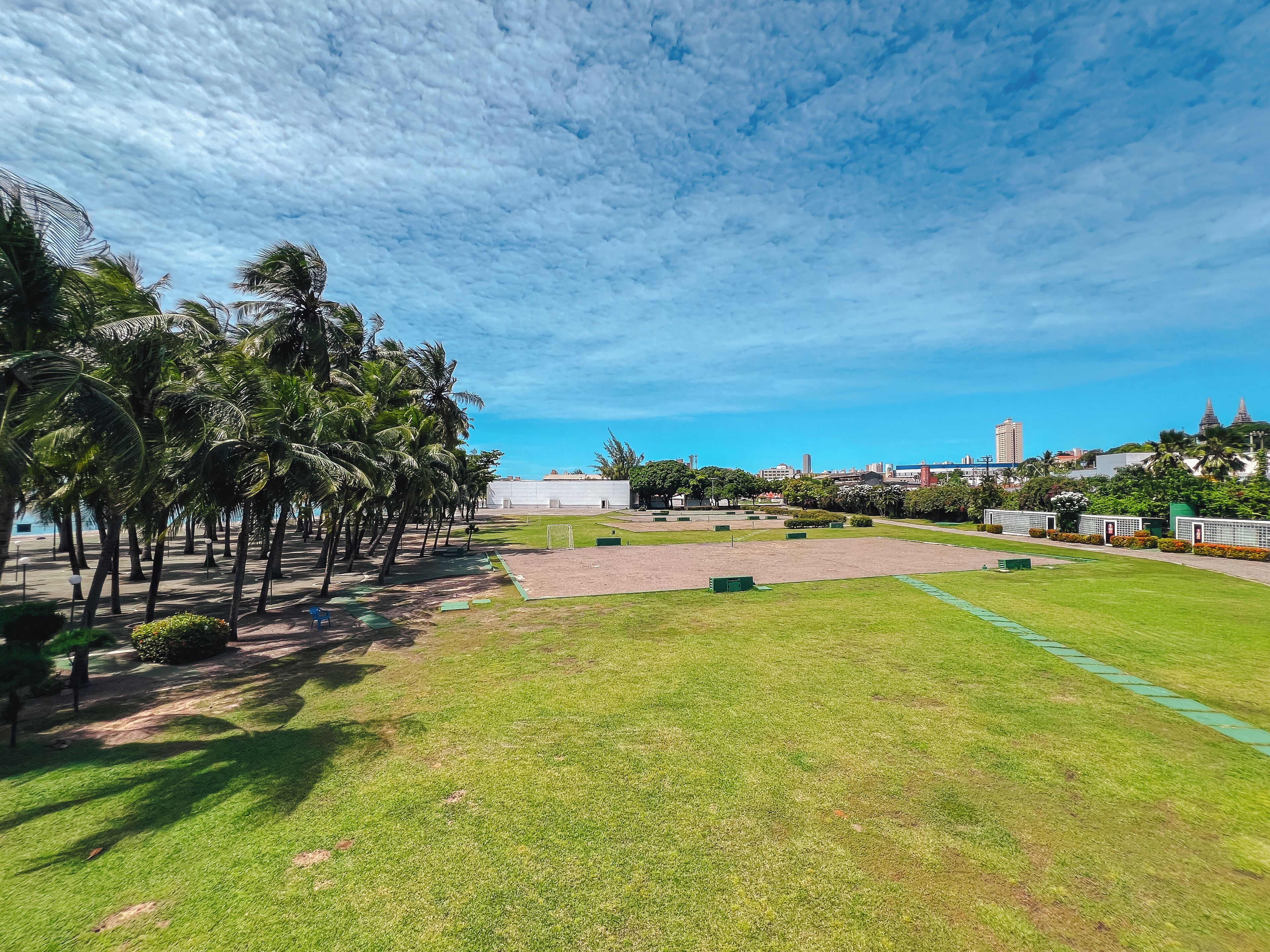 A grassy field with palm trees, a soccer field, and a building in the background.