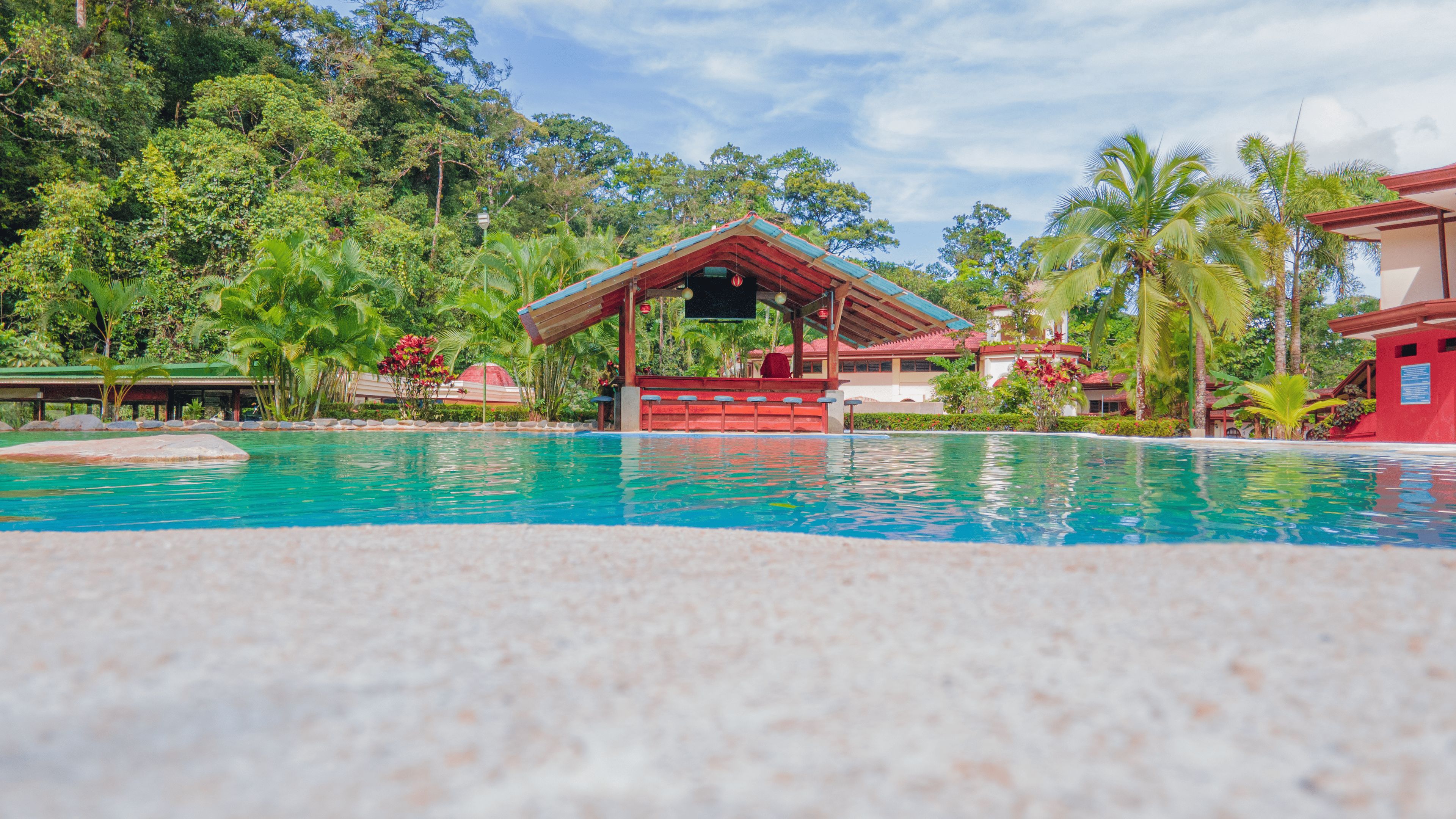 A swimming pool with a red-roofed structure in the background, surrounded by lush greenery.