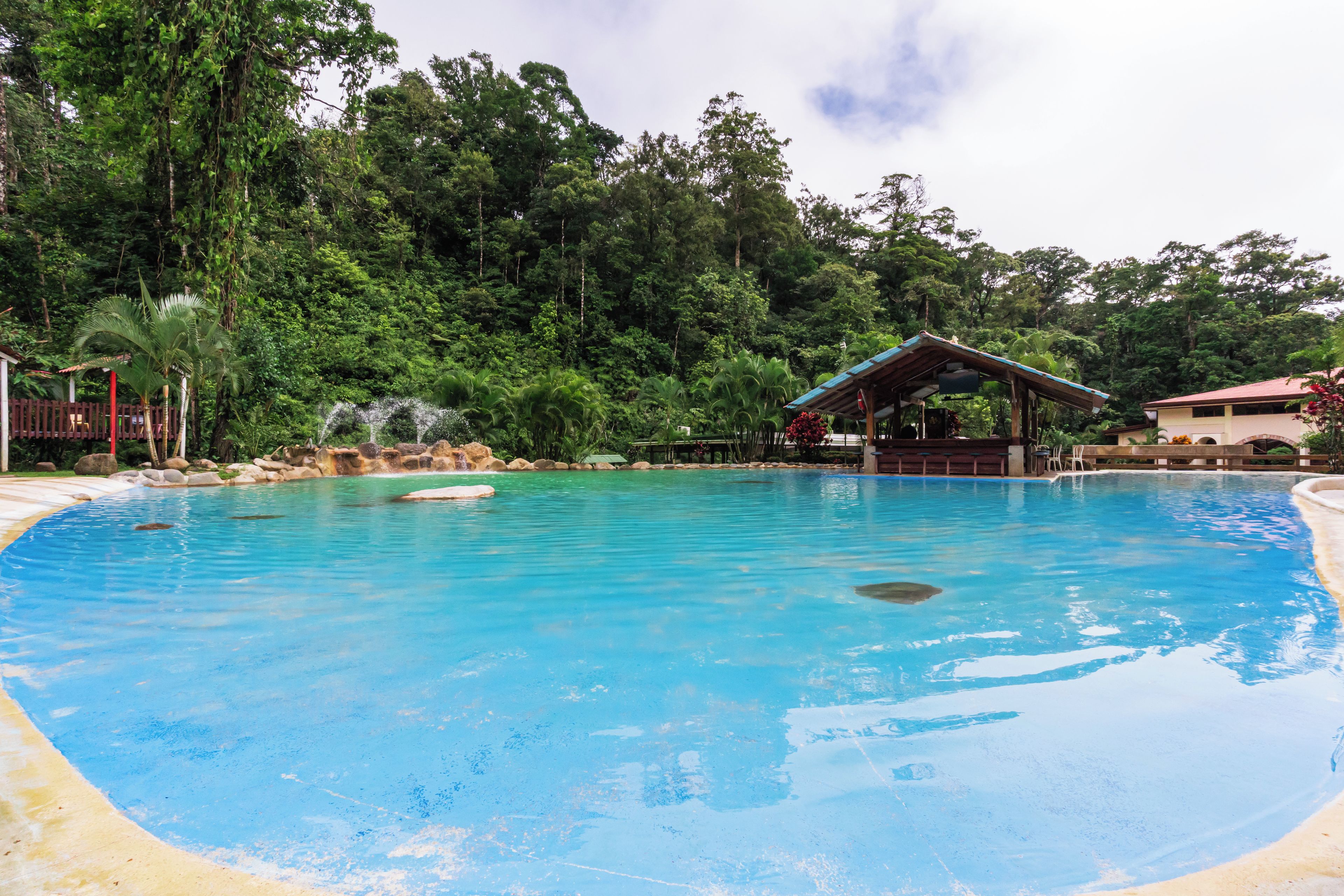 A swimming pool with clear blue water, surrounded by lush greenery and a small pavilion.