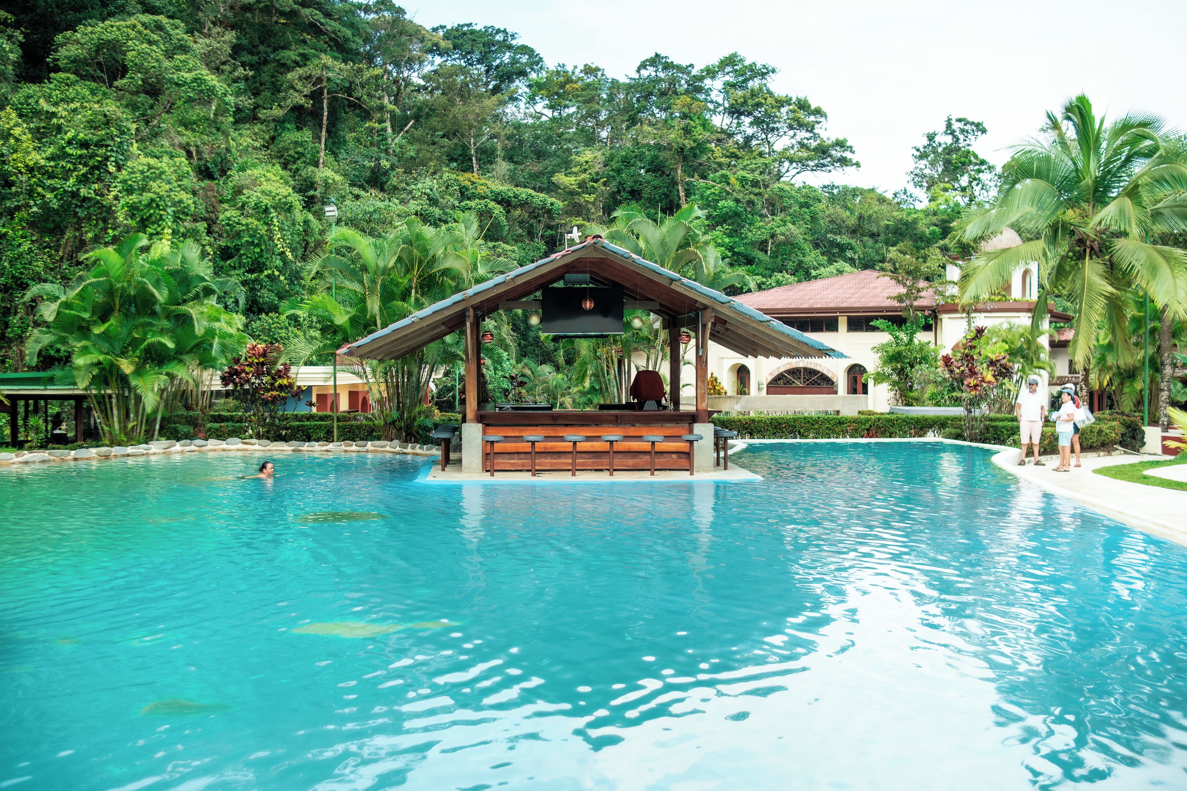 Une piscine dotée d’une terrasse en bois et d’un kiosque, entourée d’une végétation luxuriante et avec un bâtiment visible au loin.