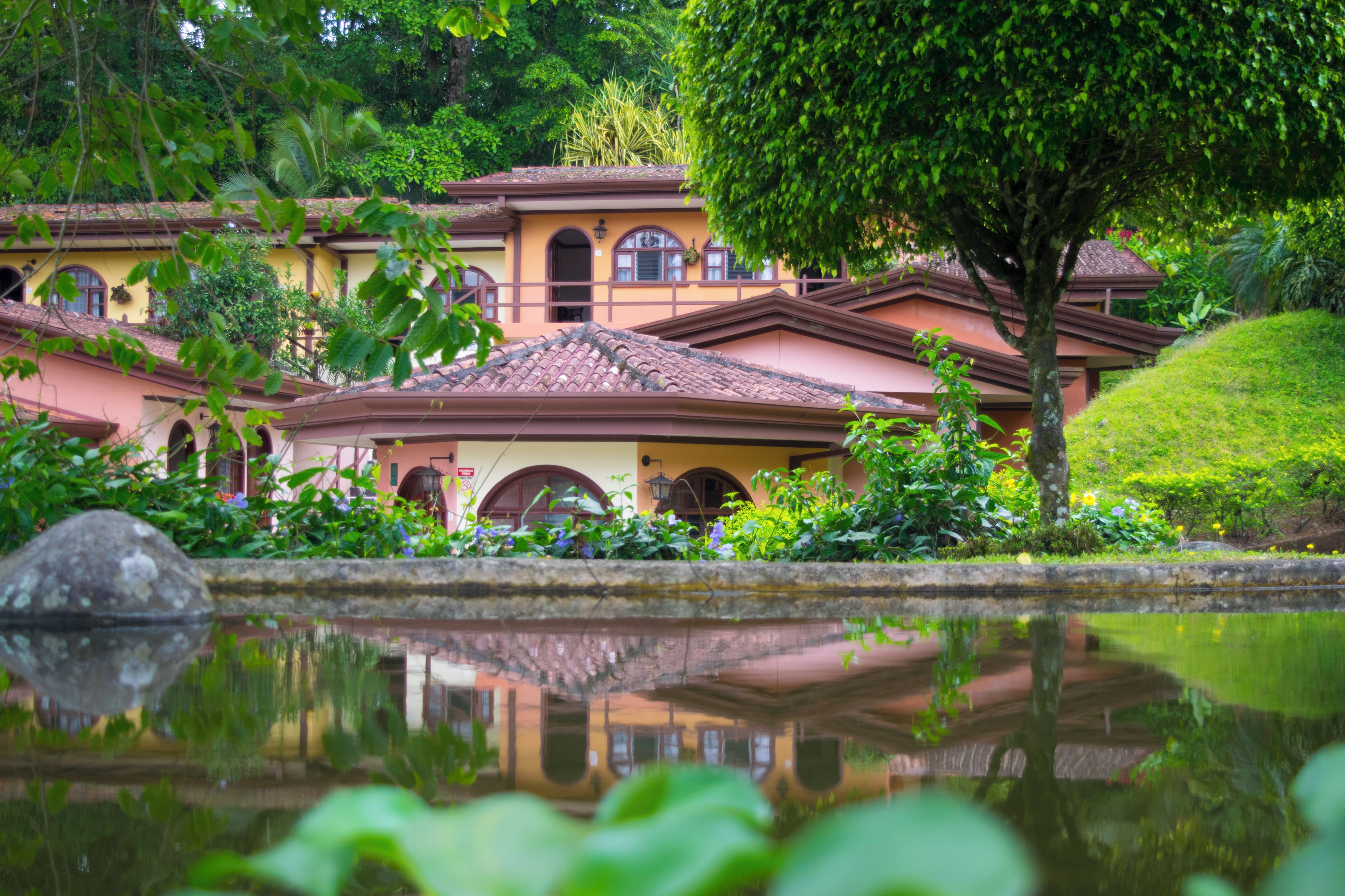 Un bâtiment traditionnel avec un toit en tuiles, entouré d’une végétation luxuriante et agrémenté d’un bassin d’eau aux reflets chatoyants.