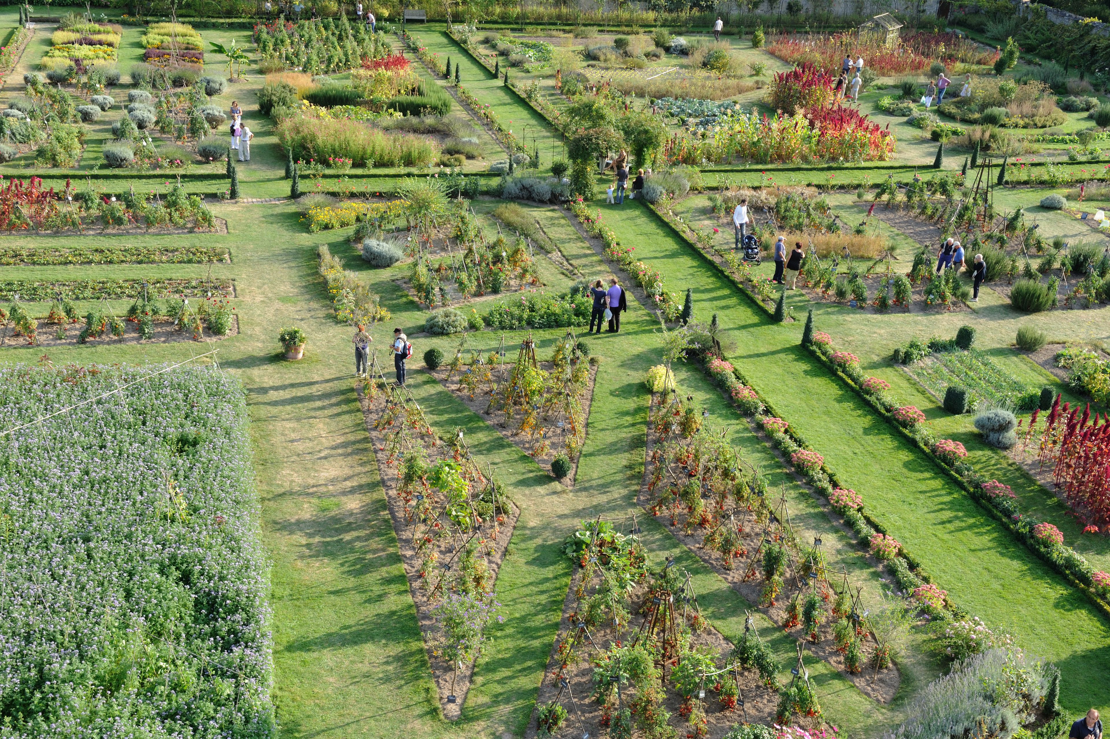 Un jardín cuidadosamente diseñado con diferentes parterres y senderos.