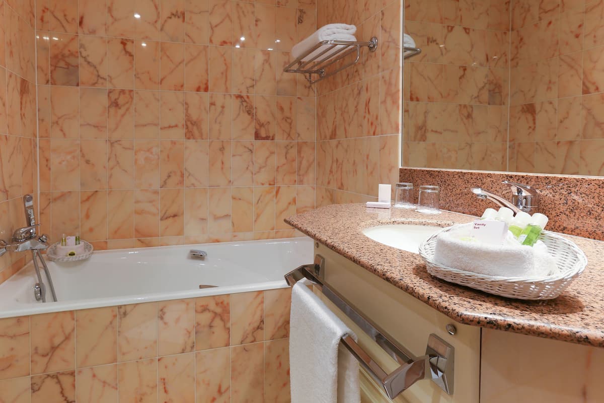 combined shower/bathtub, free toiletries, hair dryer, towels