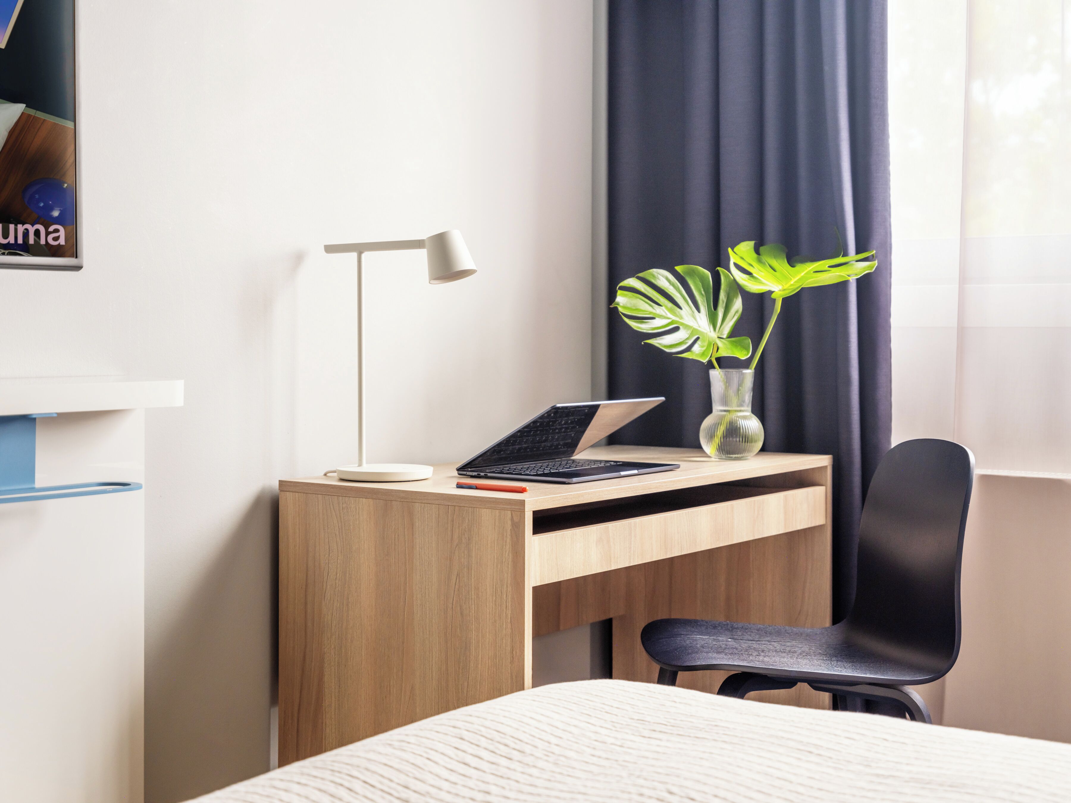 Une chambre d’hôtel avec un bureau en bois, un ordinateur portable, une plante dans un vase, une chaise noire et un lit avec une tête de lit blanche.