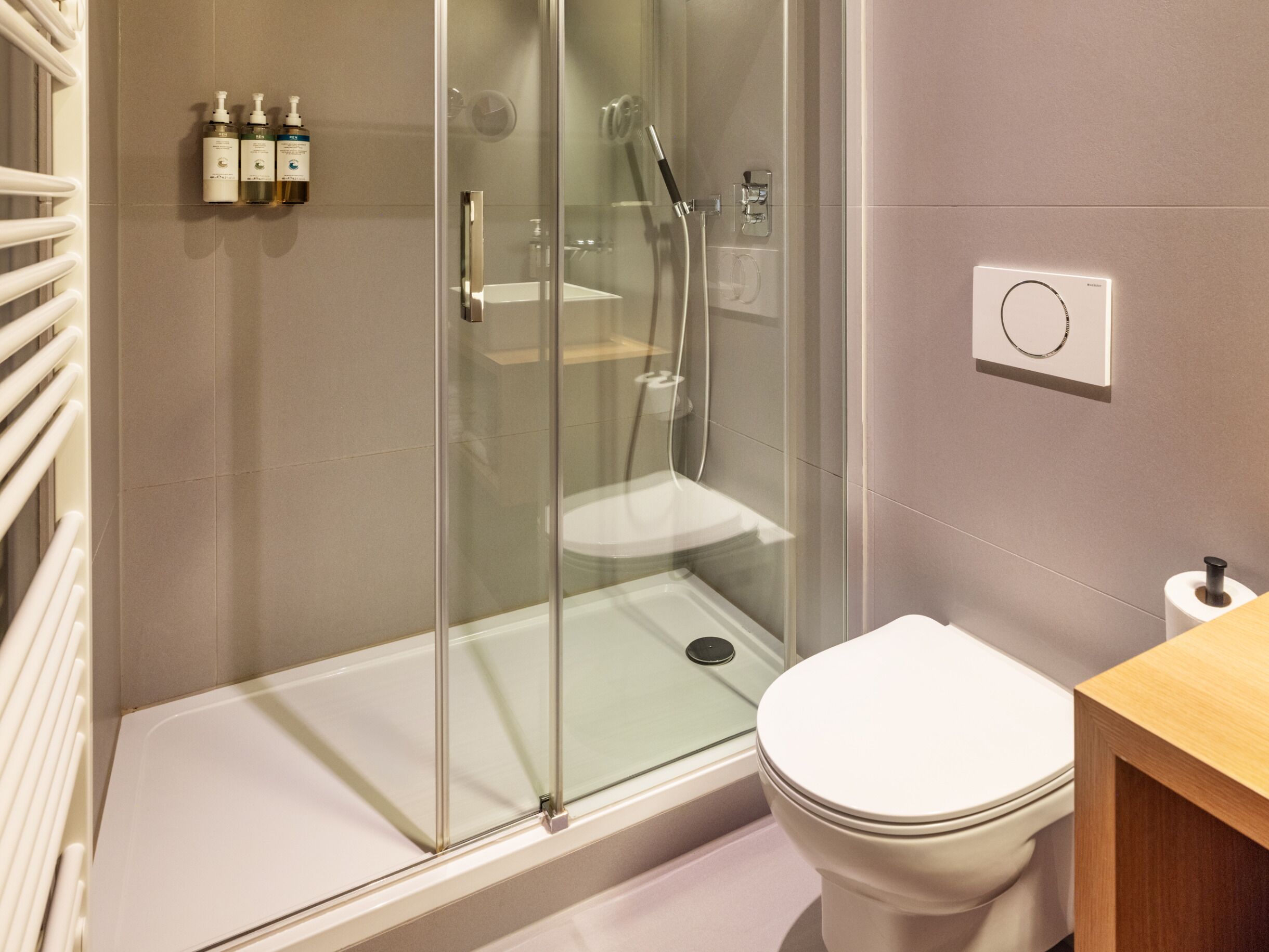 shower, free toiletries, hair dryer, towels