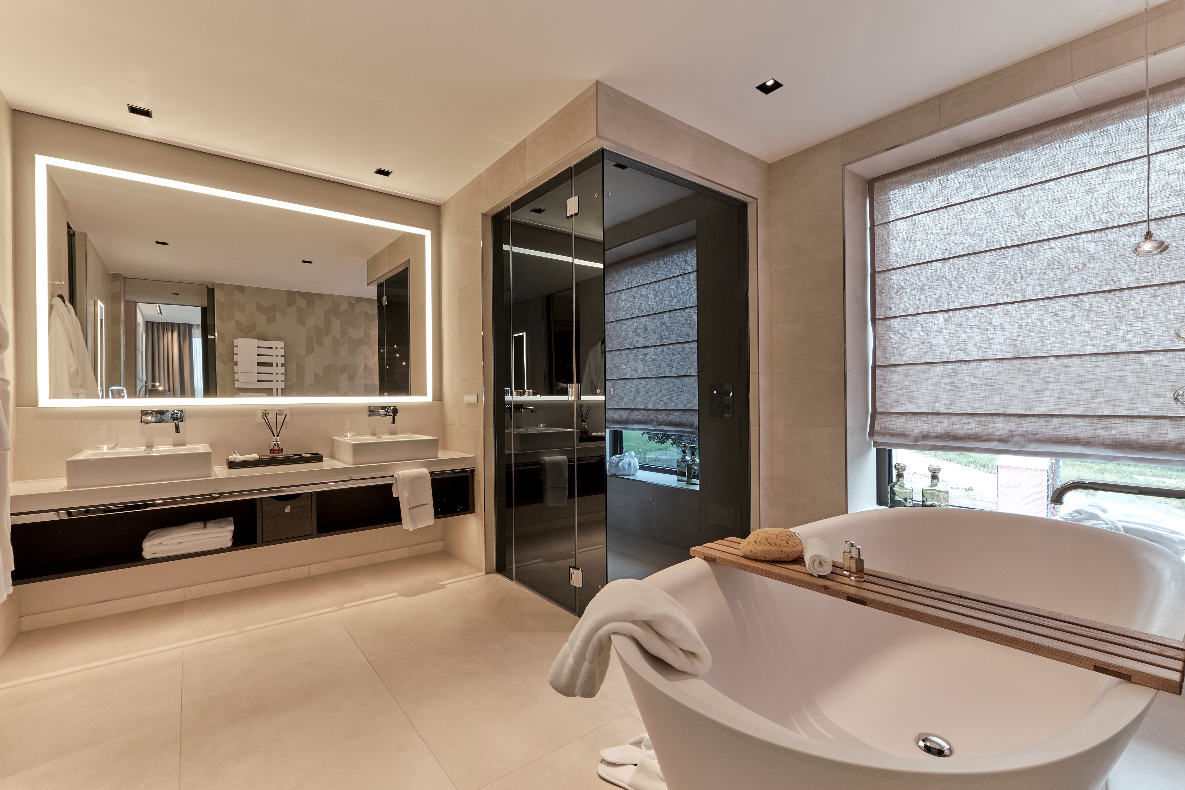 Designer toiletries, bathrobes, slippers, towels