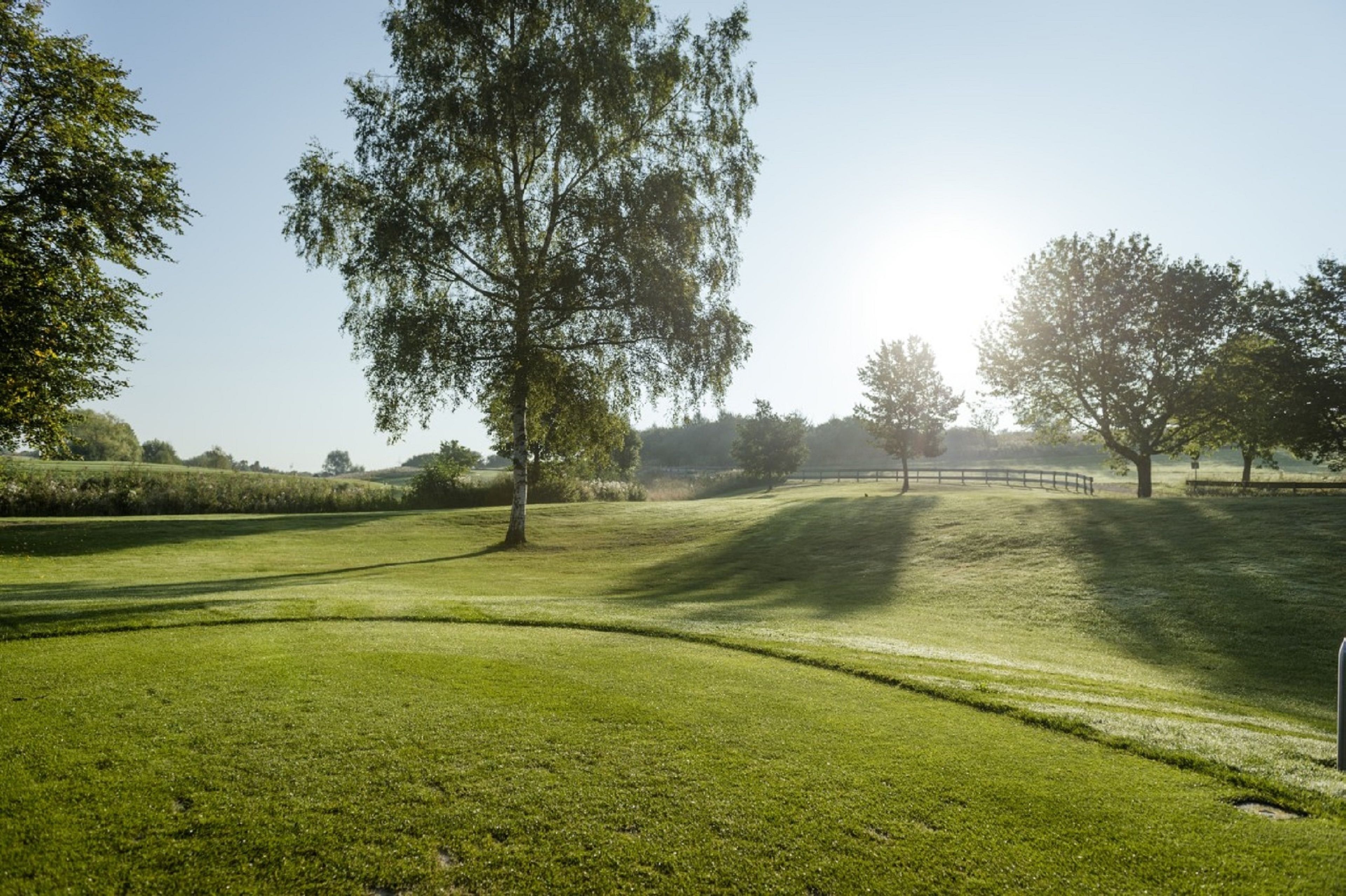 Un parcours de golf bien entretenu, avec un chemin dégagé, des arbres et une clôture en bois en arrière-plan.