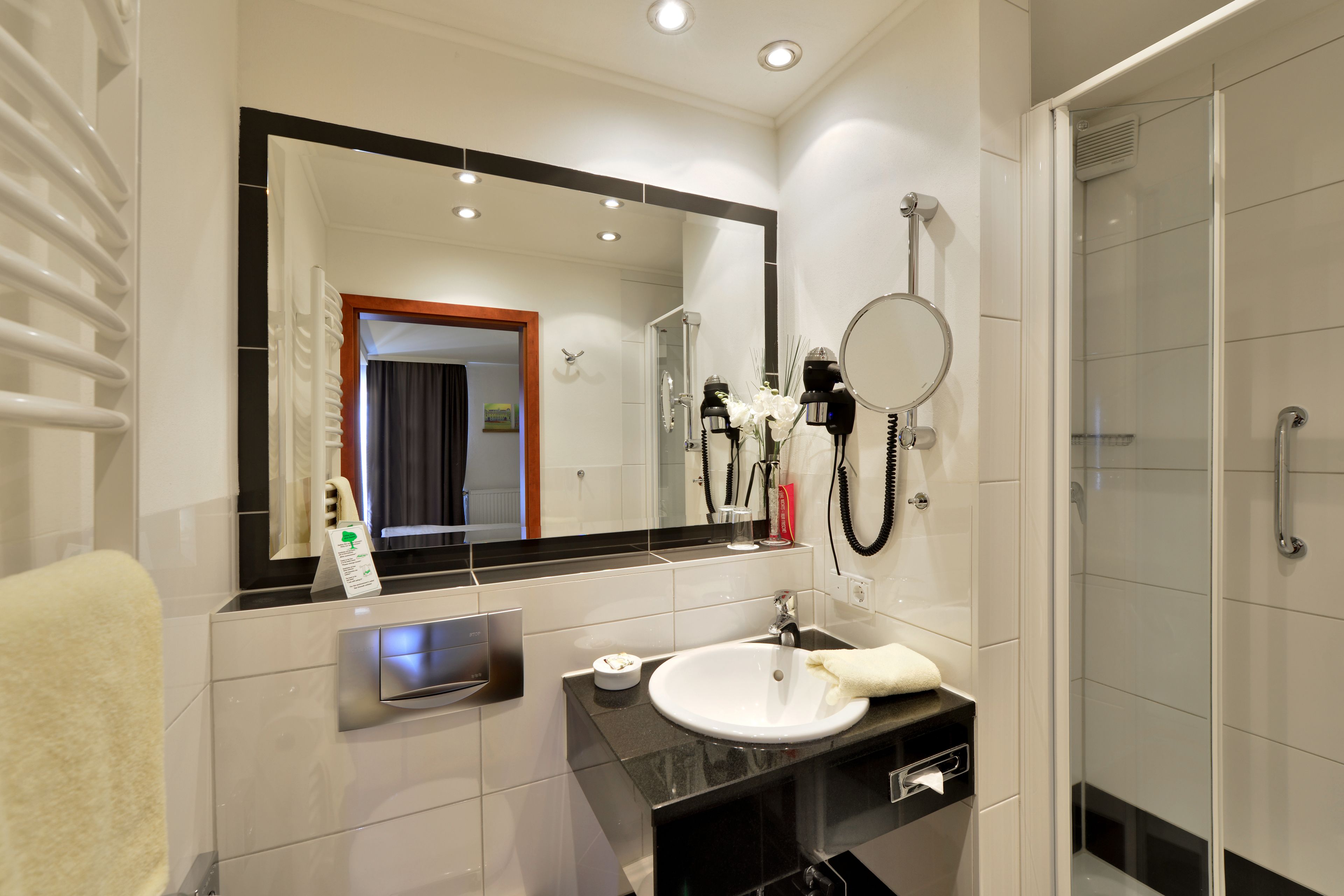 business single room | bathroom | hair dryer, towels