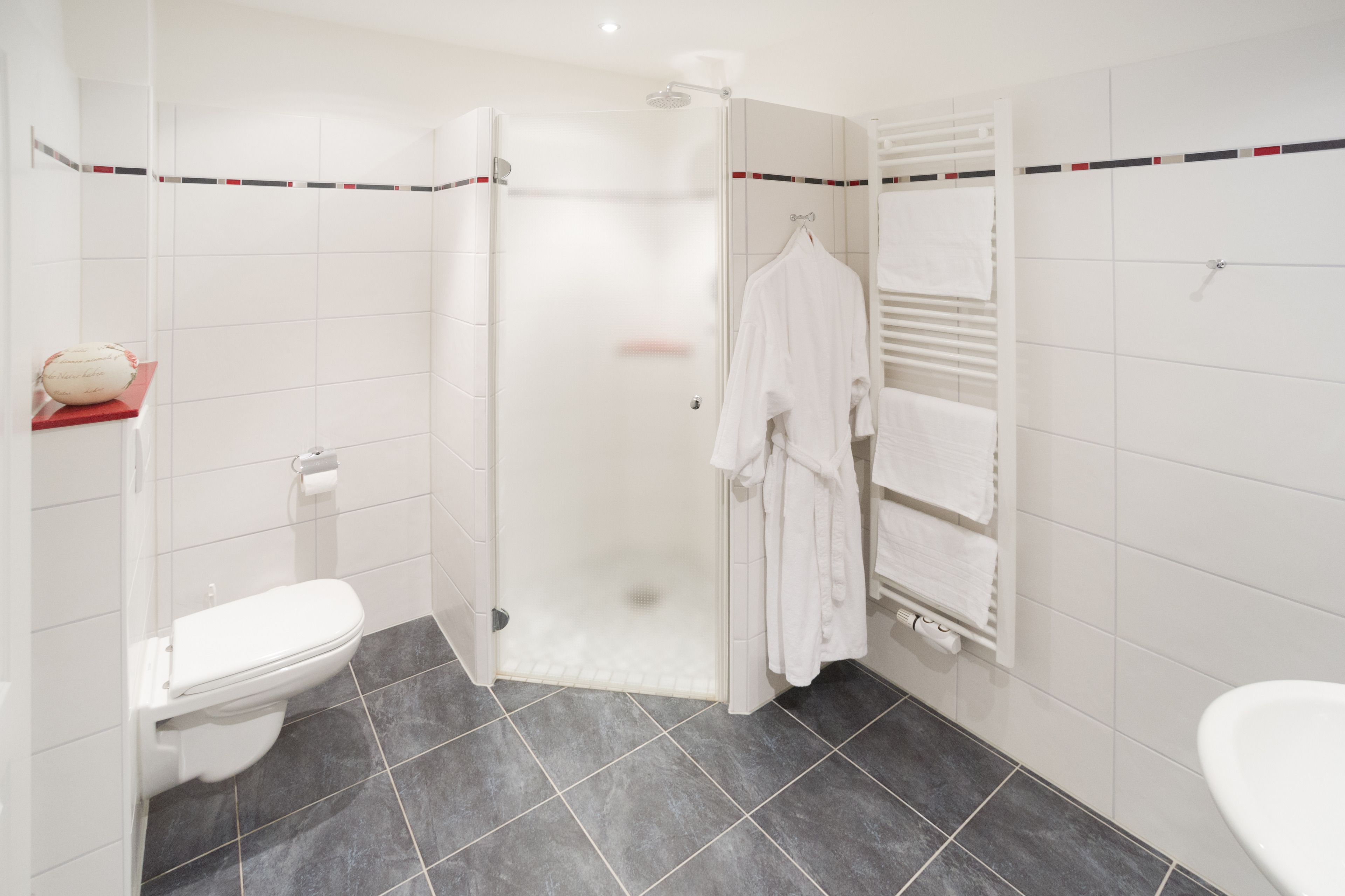 A modern bathroom with a glass-enclosed shower, a white toilet, and a towel rack.