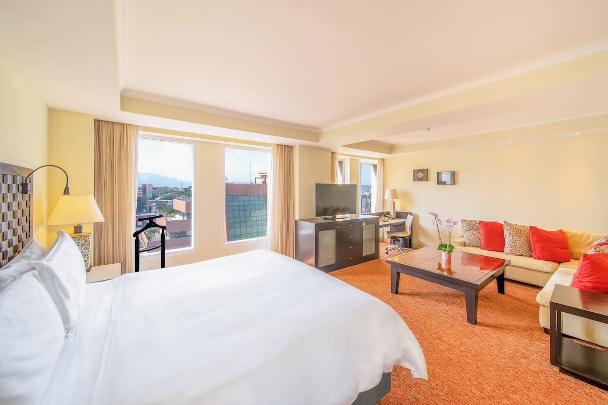 A hotel room with a large bed, a sofa, a desk, a TV, and a view of the city.