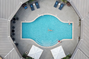 Outdoor pool, pool umbrellas, pool loungers