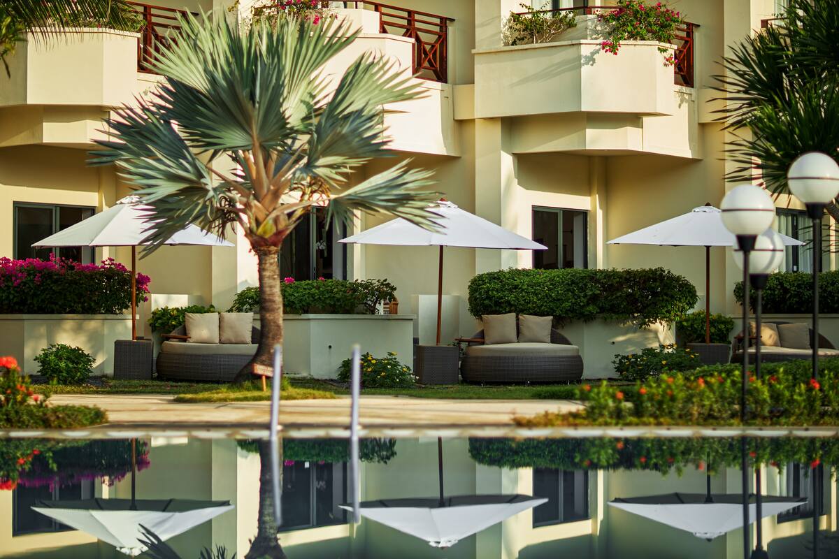 Une piscine avec des parasols, un palmier et un bâtiment doté de balcons et de plantes.