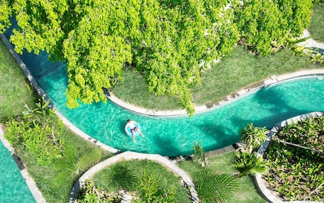 Vista aérea de una piscina con agua cristalina, rodeada de exuberante vegetación y árboles.