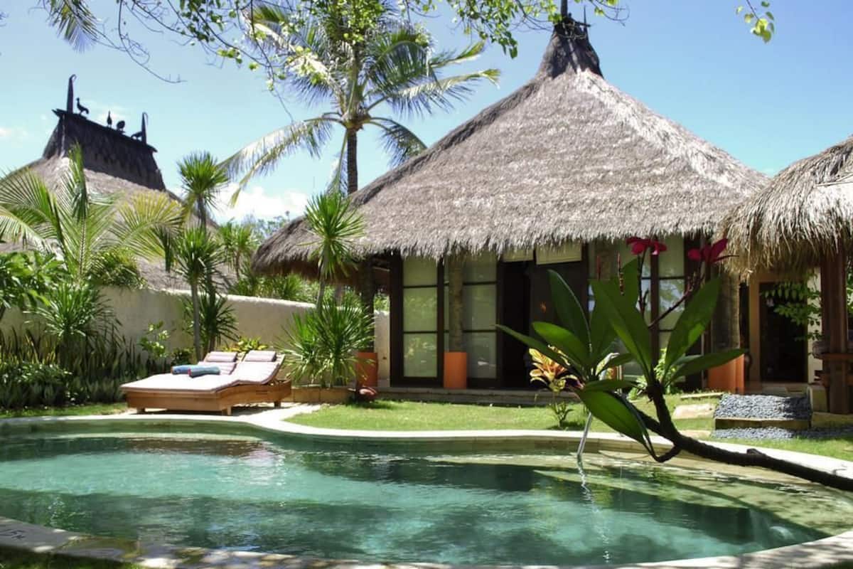 Una piscina con sillones reclinables, un edificio con techo de paja y plantas tropicales.