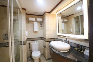 Shower, rainfall showerhead, eco-friendly toiletries, hair dryer