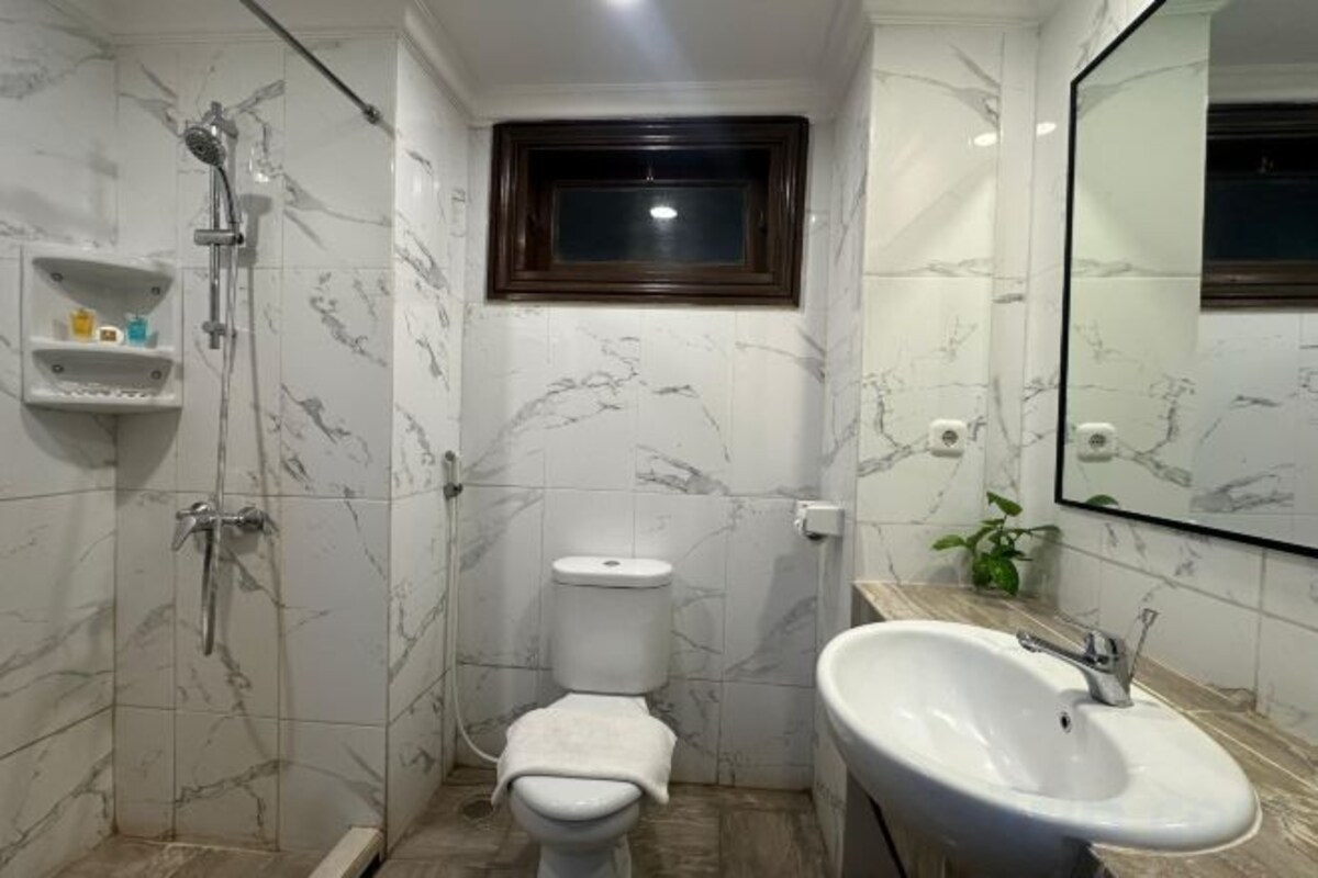 Shower, free toiletries, hair dryer, towels