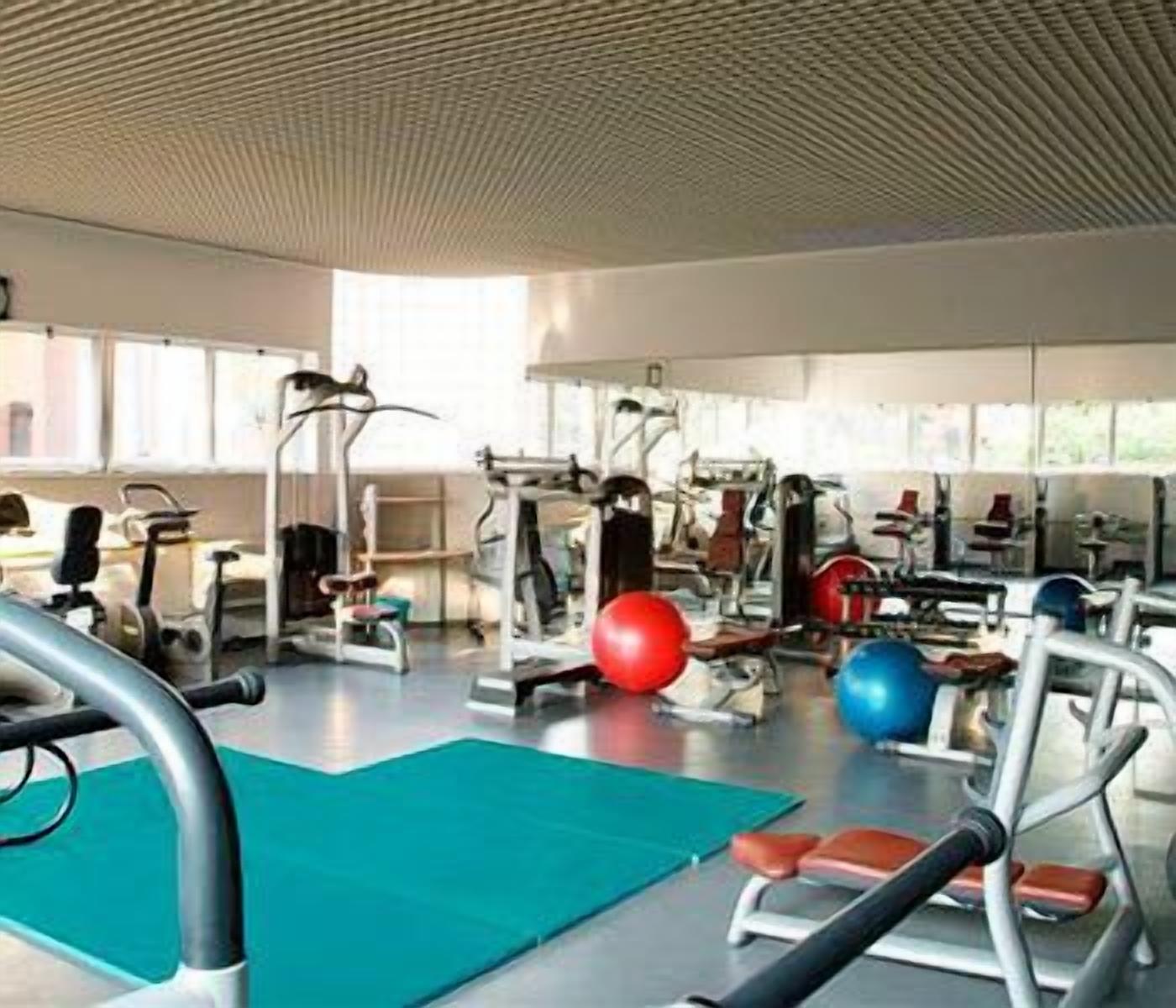 Ett gym med olika typer av träningsredskap, en grön matta och en röd träningsboll.